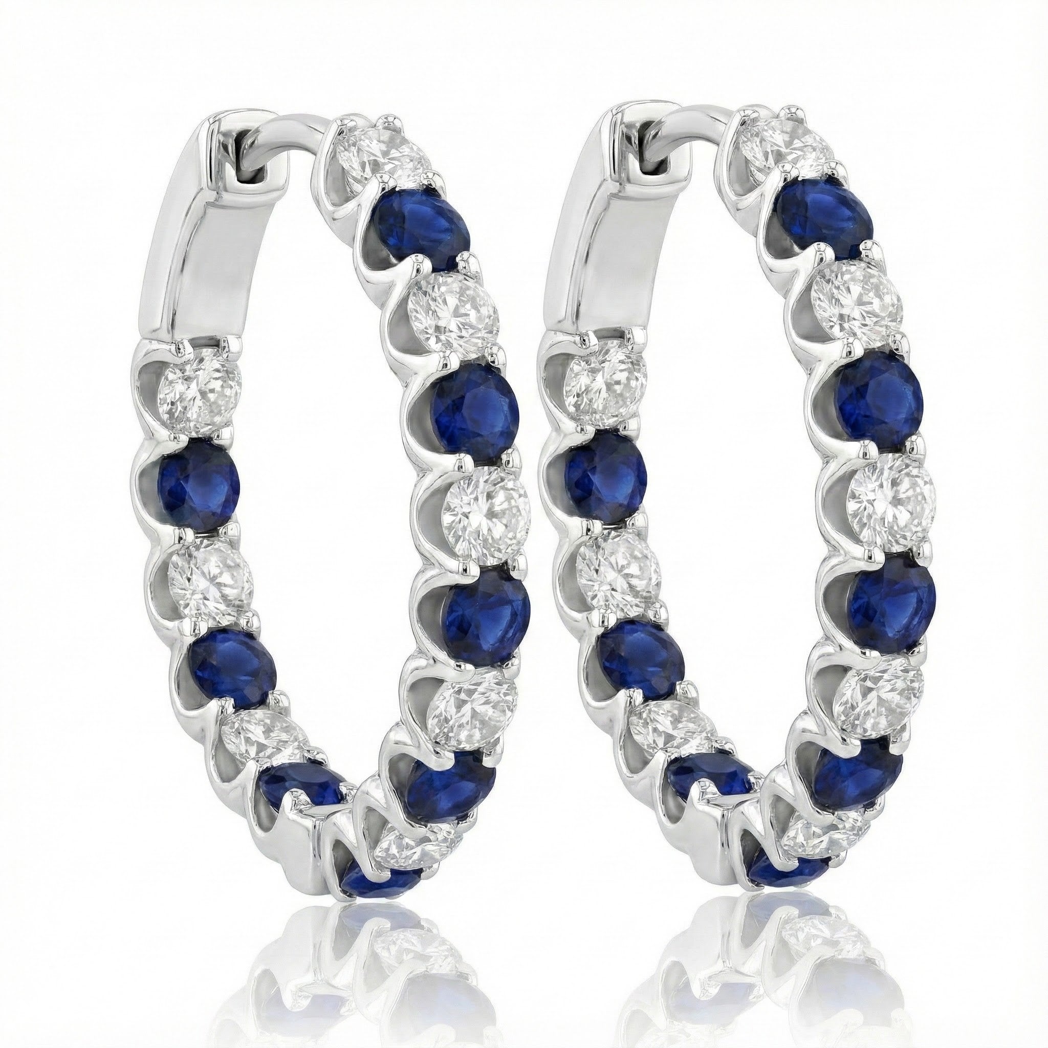 14K White Gold Diamond & Sapphire Hoop Earrings – 1.00 CTW