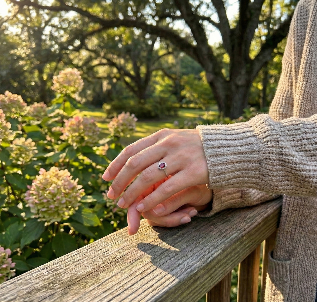 Ruby & Diamond Halo Ring, 0.07 ctw
