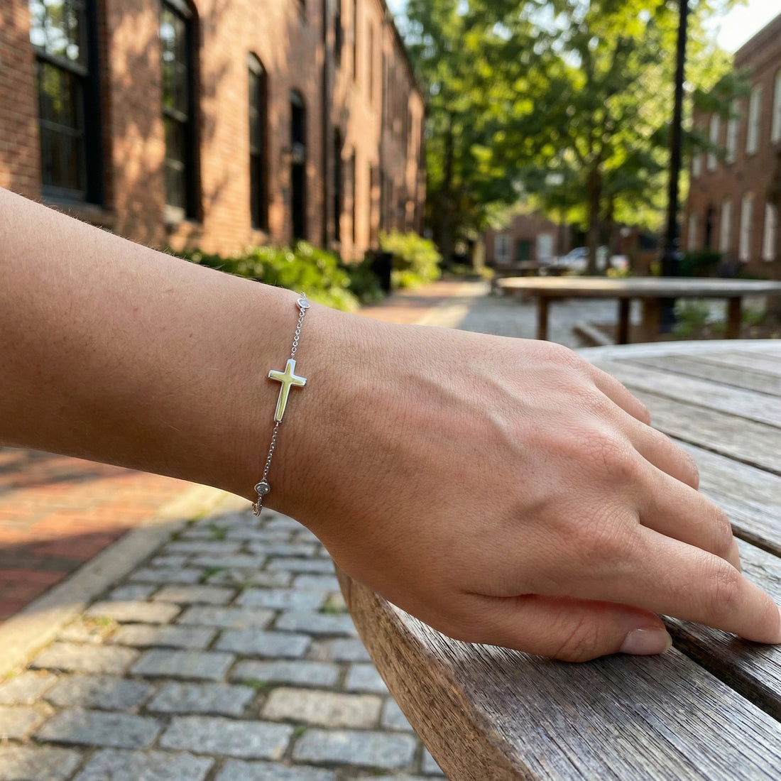 Diamond Bezel Cross Bracelet | 14K White Gold | 0.03 ctw Round Diamonds - Brownee Jewelers