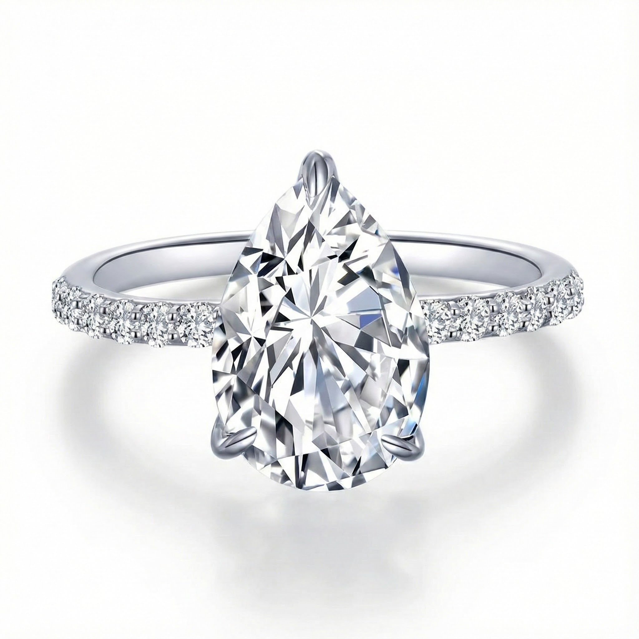 Pear-Shaped CZ Solitaire Ring | Sterling Silver | Pavé Band - Brownee Jewelers