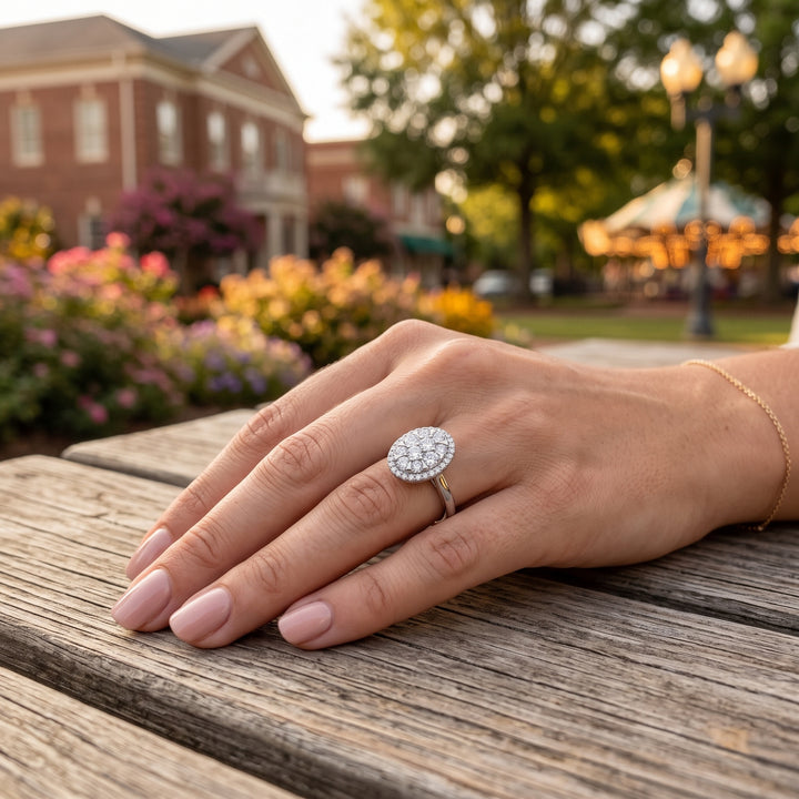 Oval Diamond Cluster Ring | 14K White Gold | Round Diamond Cluster | JAGI23054014 - Brownee Jewelers