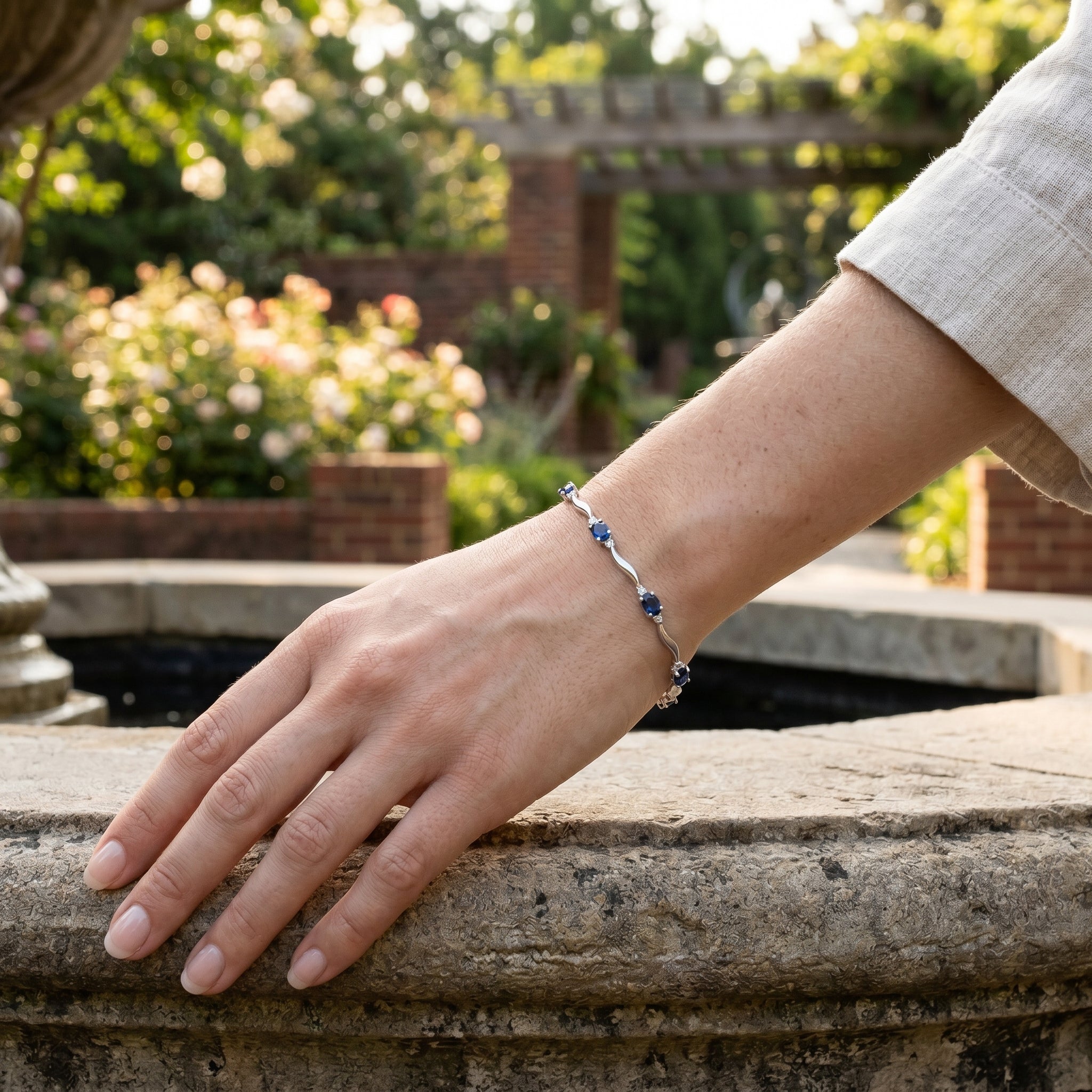 Oval Blue Sapphire Bracelet | 14K White Gold | Oval Sapphire & Diamond Link Bracelet | 2.97CT Sapphire & .14CT Diamond Accent - Brownee Jewelers