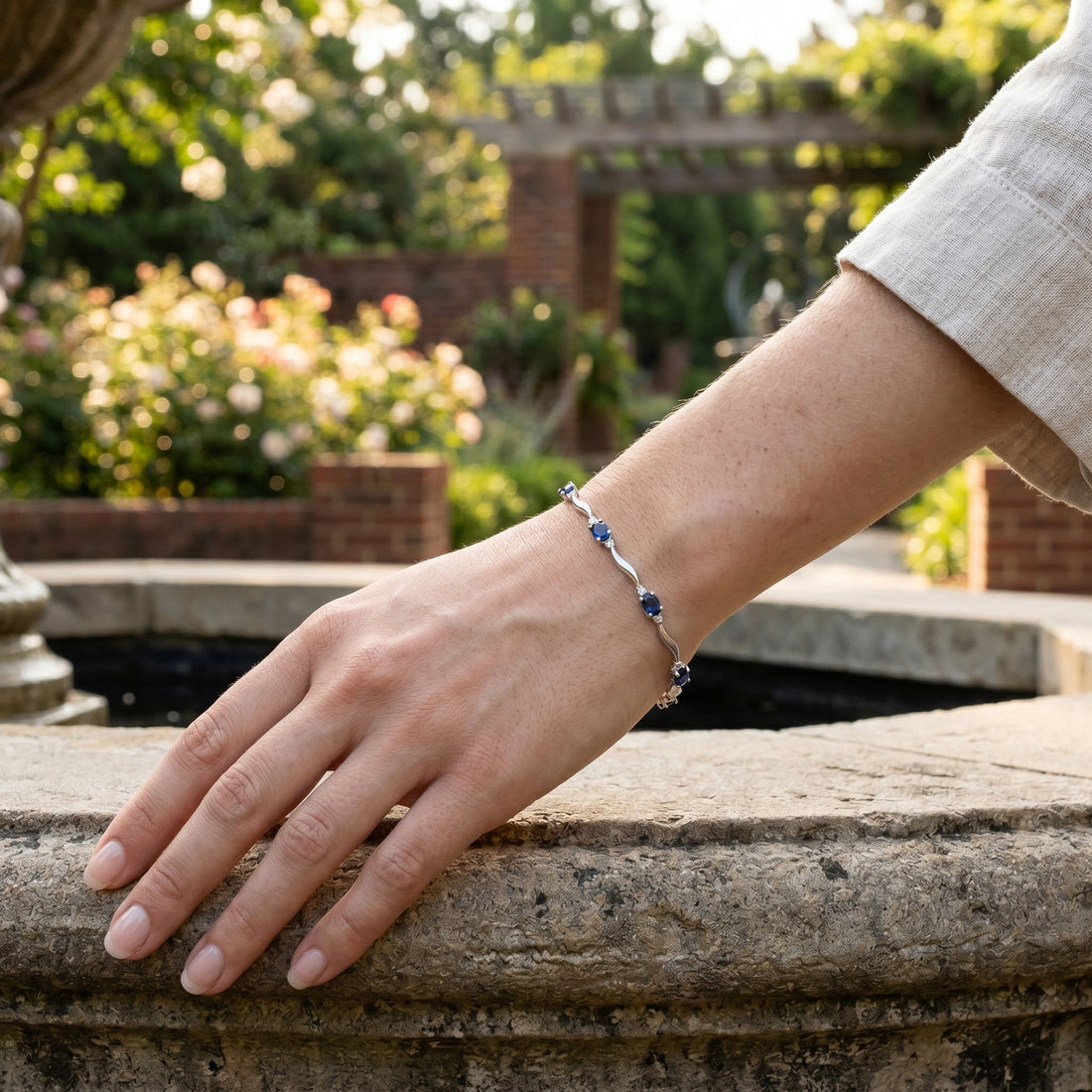 Oval Blue Sapphire Bracelet | 14K White Gold | Oval Sapphire & Diamond Link Bracelet | 2.97CT Sapphire & .14CT Diamond Accent - Brownee Jewelers