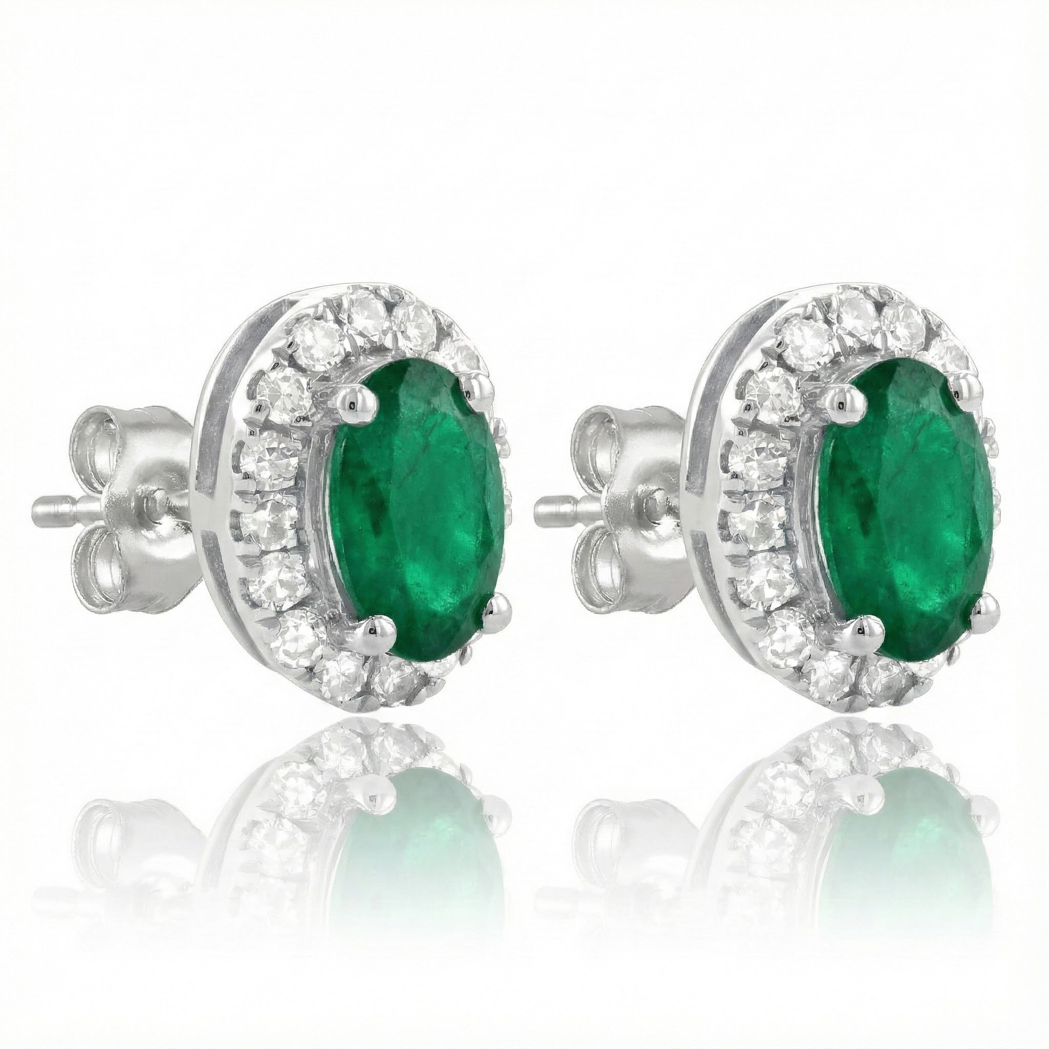 Oval Emerald Diamond Halo Stud Earrings | 10K White Gold | 0.13 ctw | Friction Back - Brownee Jewelers