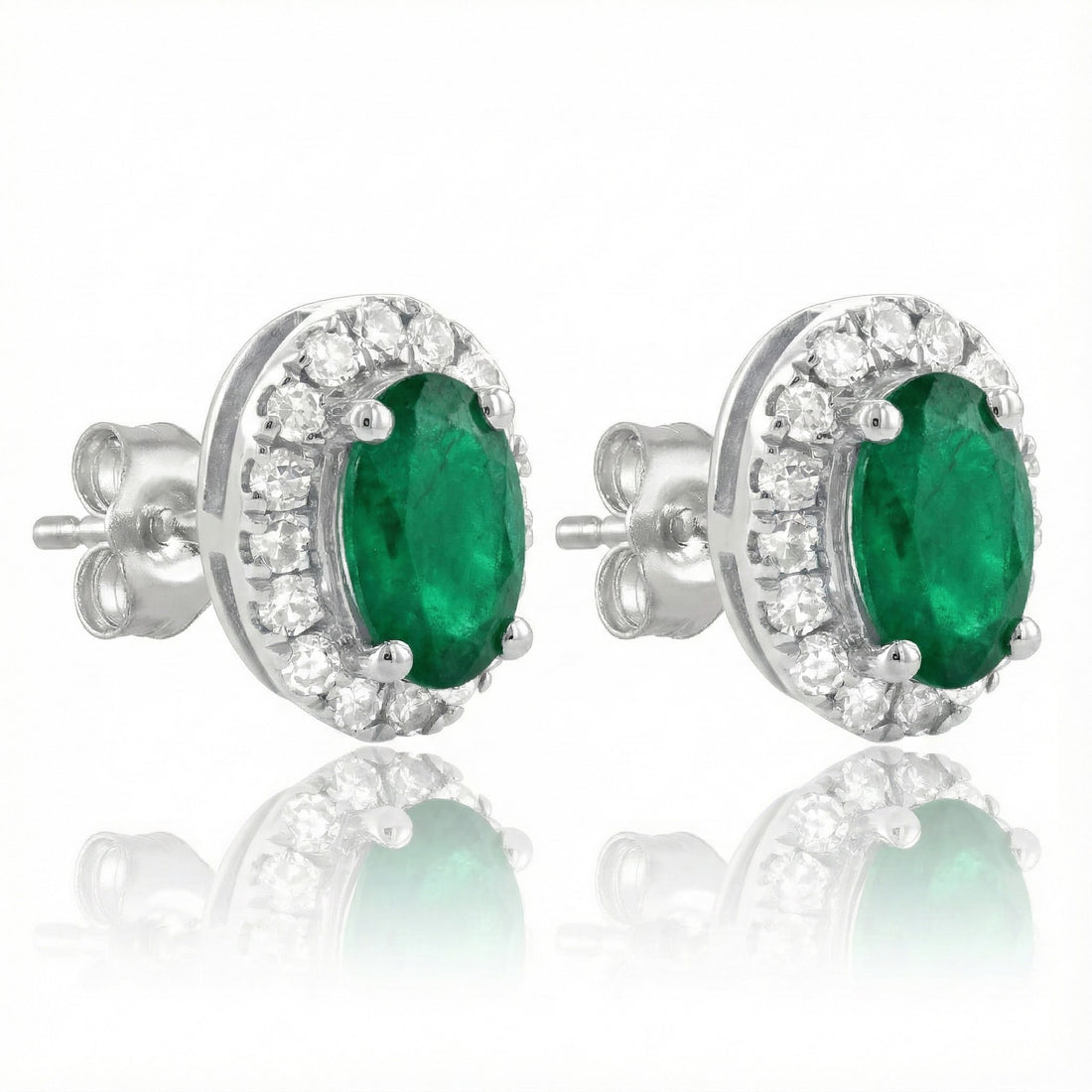 Oval Emerald Diamond Halo Stud Earrings | 10K White Gold | 0.13 ctw | Friction Back - Brownee Jewelers
