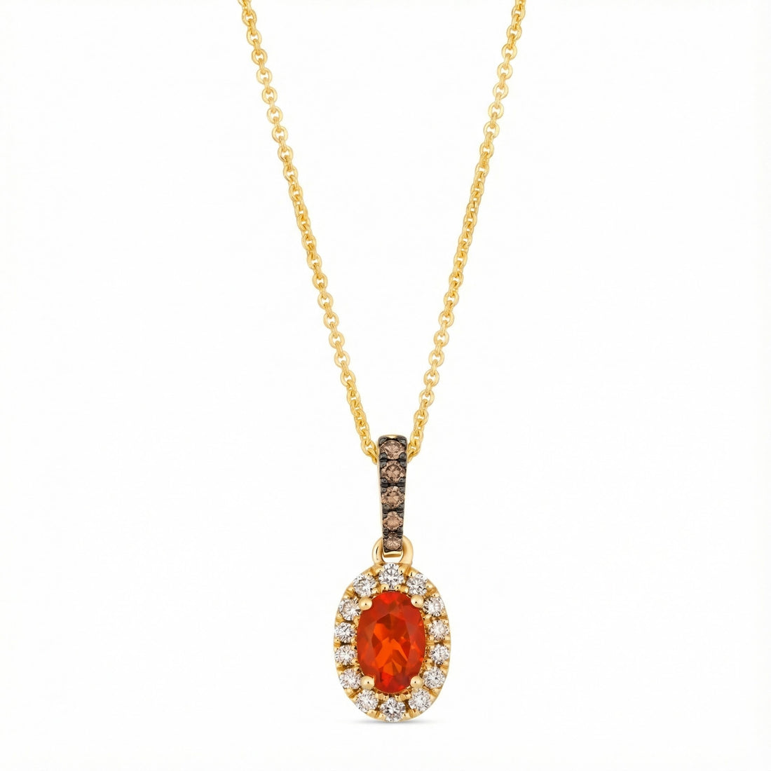 Orange Opal Diamond Halo Pendant | 14K Yellow Gold | 0.20 ct Opal | Chocolate & White Diamonds - Brownee Jewelers