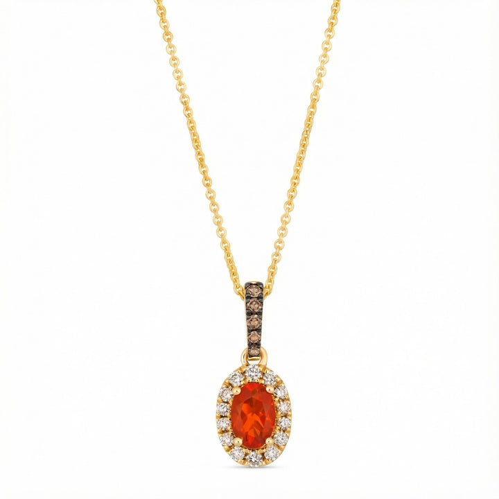 Orange Opal Diamond Halo Pendant | 14K Yellow Gold | 0.20 ct Opal | Chocolate & White Diamonds - Brownee Jewelers