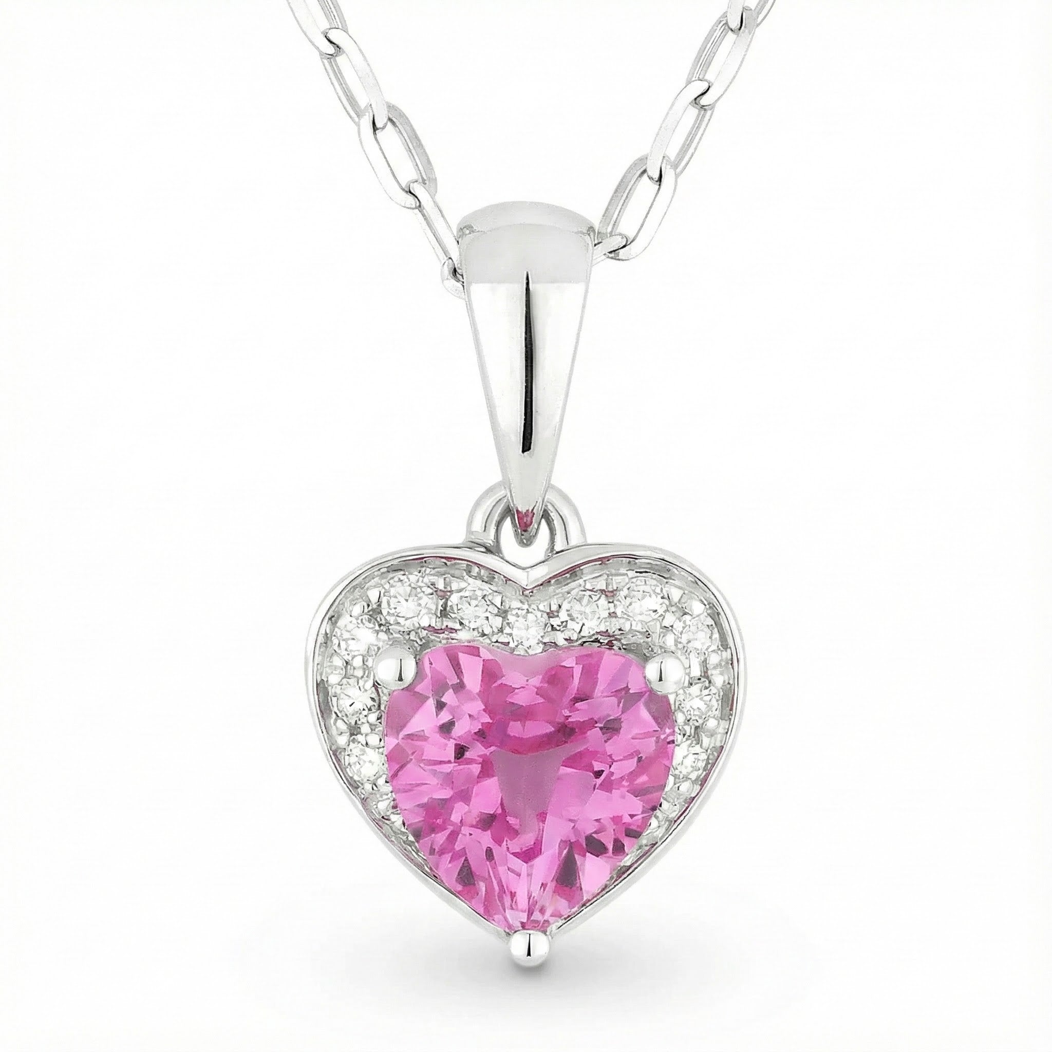Madison L | Heart-Shaped Pink Sapphire & Diamond Halo Pendant | 14K White Gold | Created Pink Sapphire Necklace - Brownee Jewelers