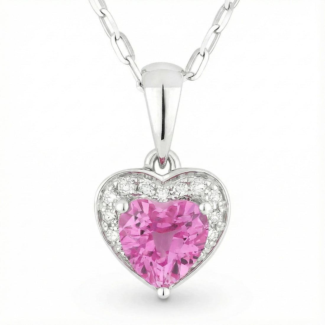 Madison L | Heart-Shaped Pink Sapphire & Diamond Halo Pendant | 14K White Gold | Created Pink Sapphire Necklace - Brownee Jewelers