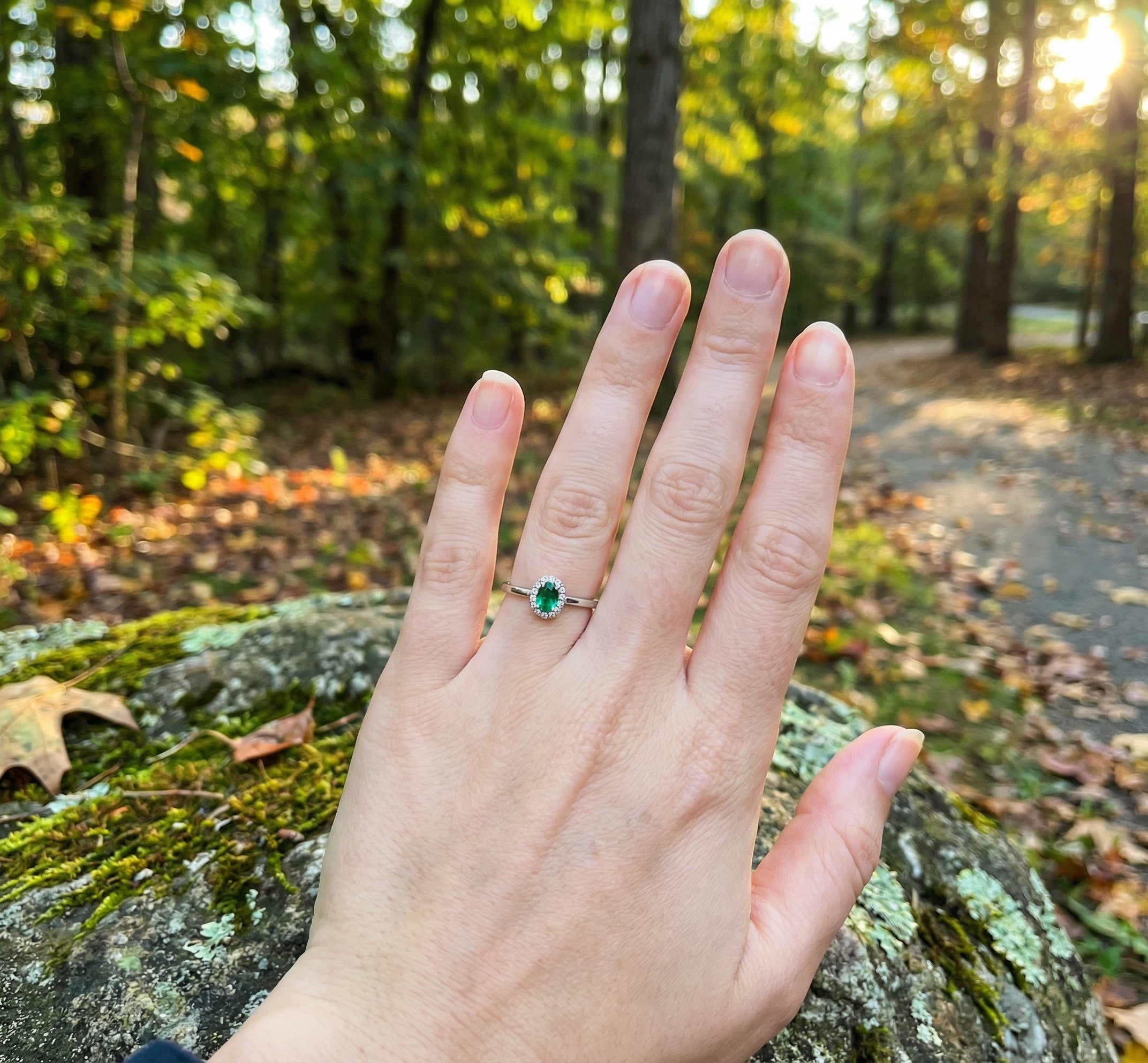 Emerald & Diamond Halo Ring, 0.07 ctw | 10K White Gold | - Brownee Jewelers