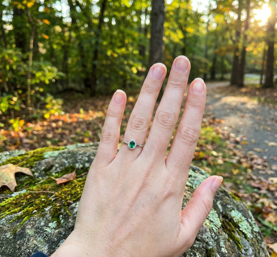 Emerald & Diamond Halo Ring, 0.07 ctw | 10K White Gold | - Brownee Jewelers