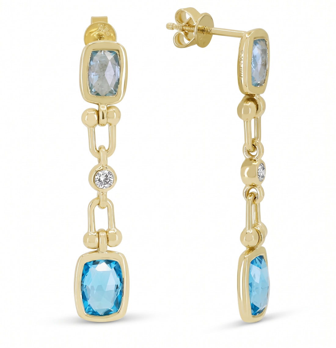 YELLOW GOLD BLUE TOPAZ AND DIAMOND DROP EARRINGS 
