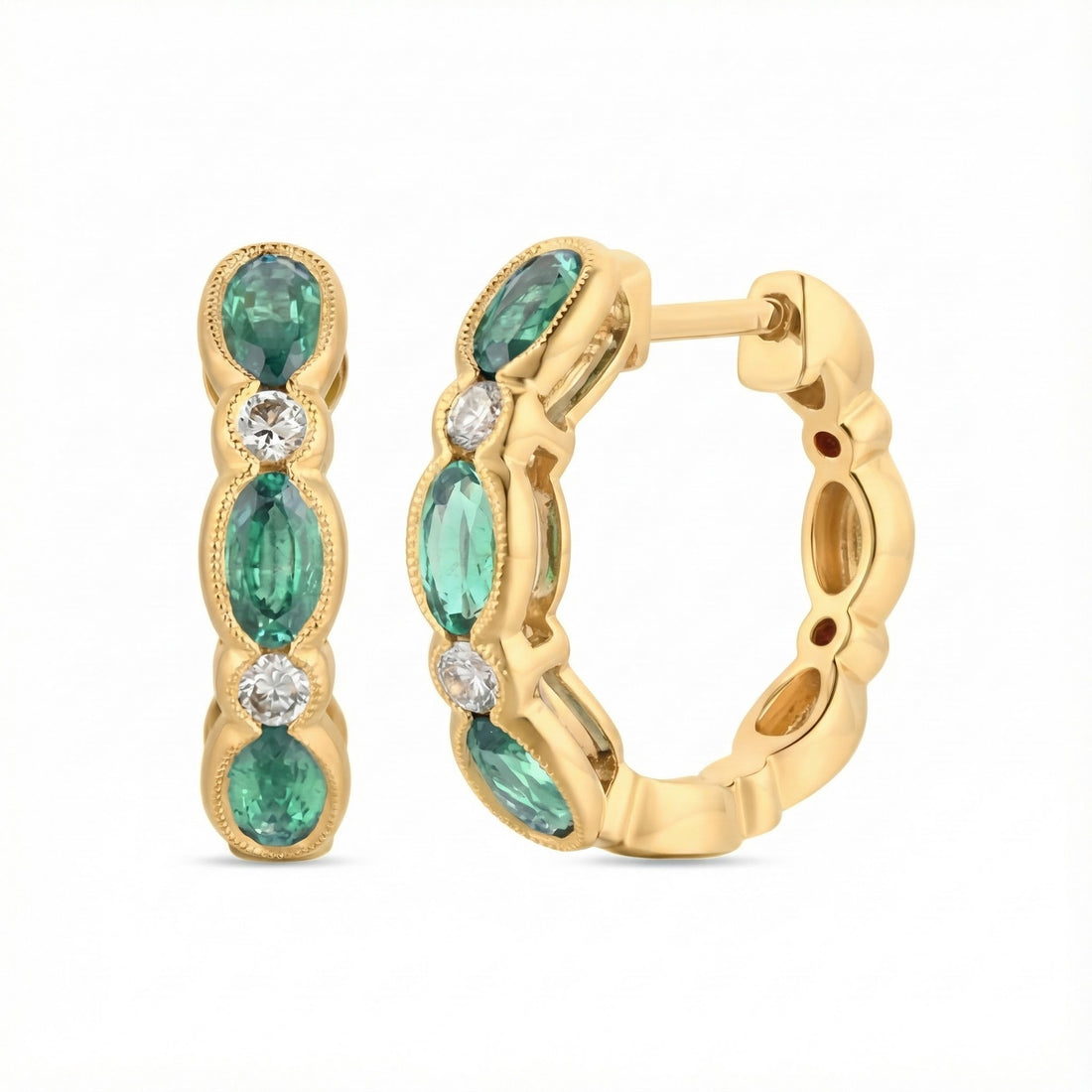 Emerald & Diamond Huggie Earrings | 14K Yellow Gold | 1.30 ctw | Oval Gemstone Hoops - Brownee Jewelers