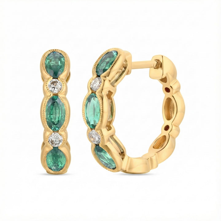 Emerald & Diamond Huggie Earrings | 14K Yellow Gold | 1.30 ctw | Oval Gemstone Hoops - Brownee Jewelers