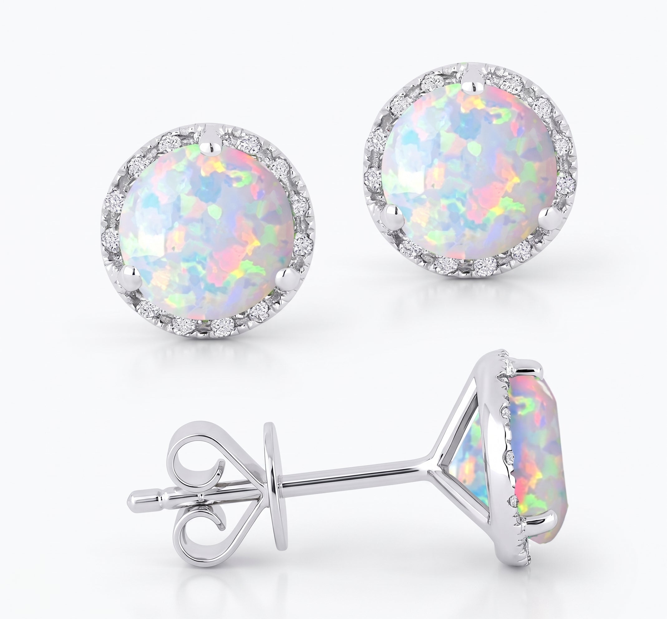 14K White Gold Created Ethiopian Opal & Diamond Halo Stud Earrings