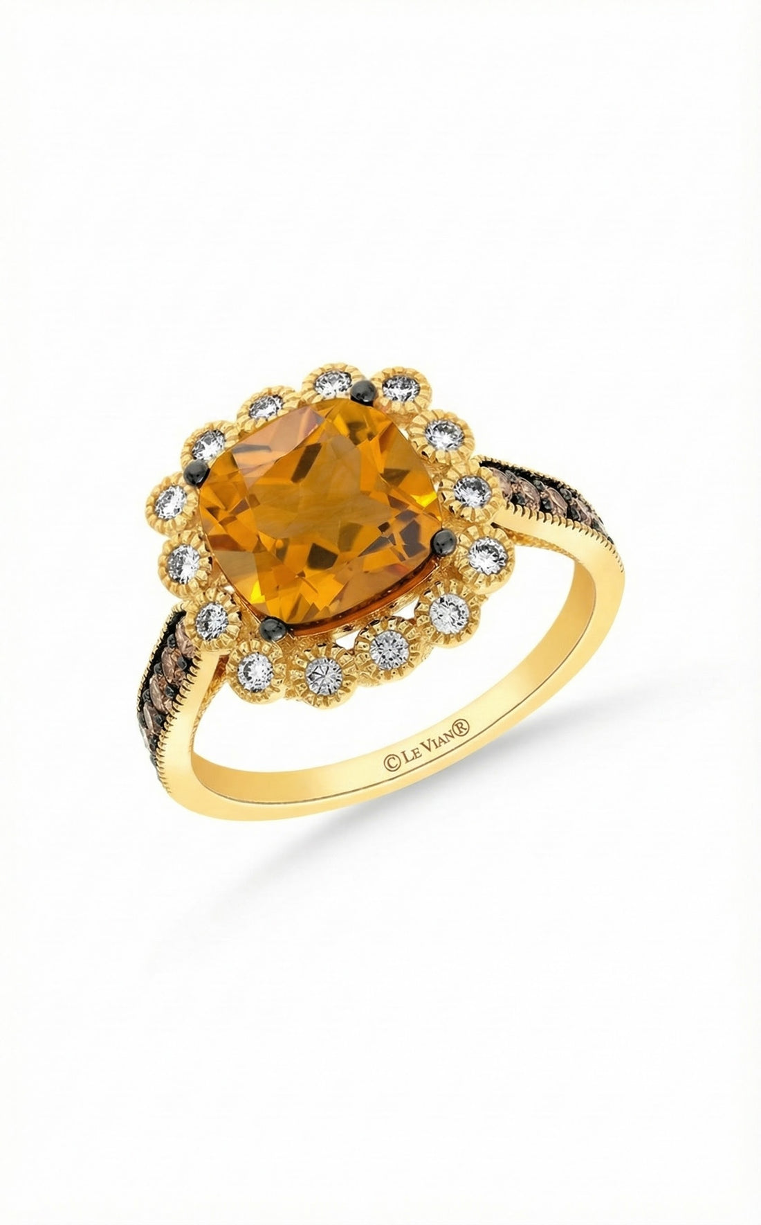 14K Yellow Gold Le Vian® Cinnamon Citrine® & Diamond Halo Ring This radiant Le Vian® ring showcases a vibrant cushion-cut Cinnamon Citrine® framed by a sparkling halo of white diamonds