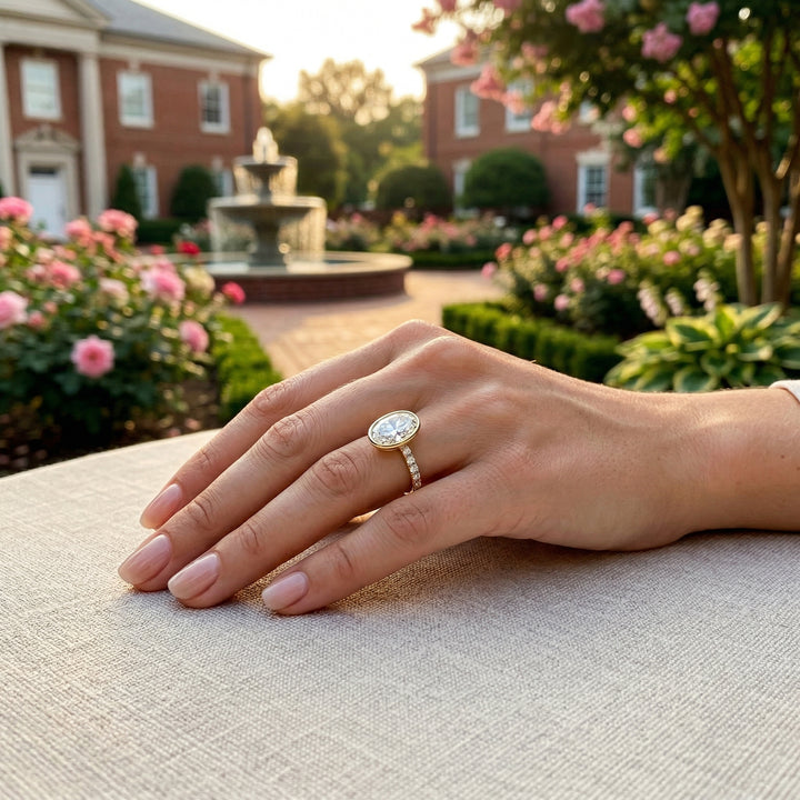 Oval Lab-Grown Diamond Engagement Ring | 14K Yellow Gold | 2.25 ctw Oval VS/E-F | Bezel Set with Pavé Band - Brownee Jewelers