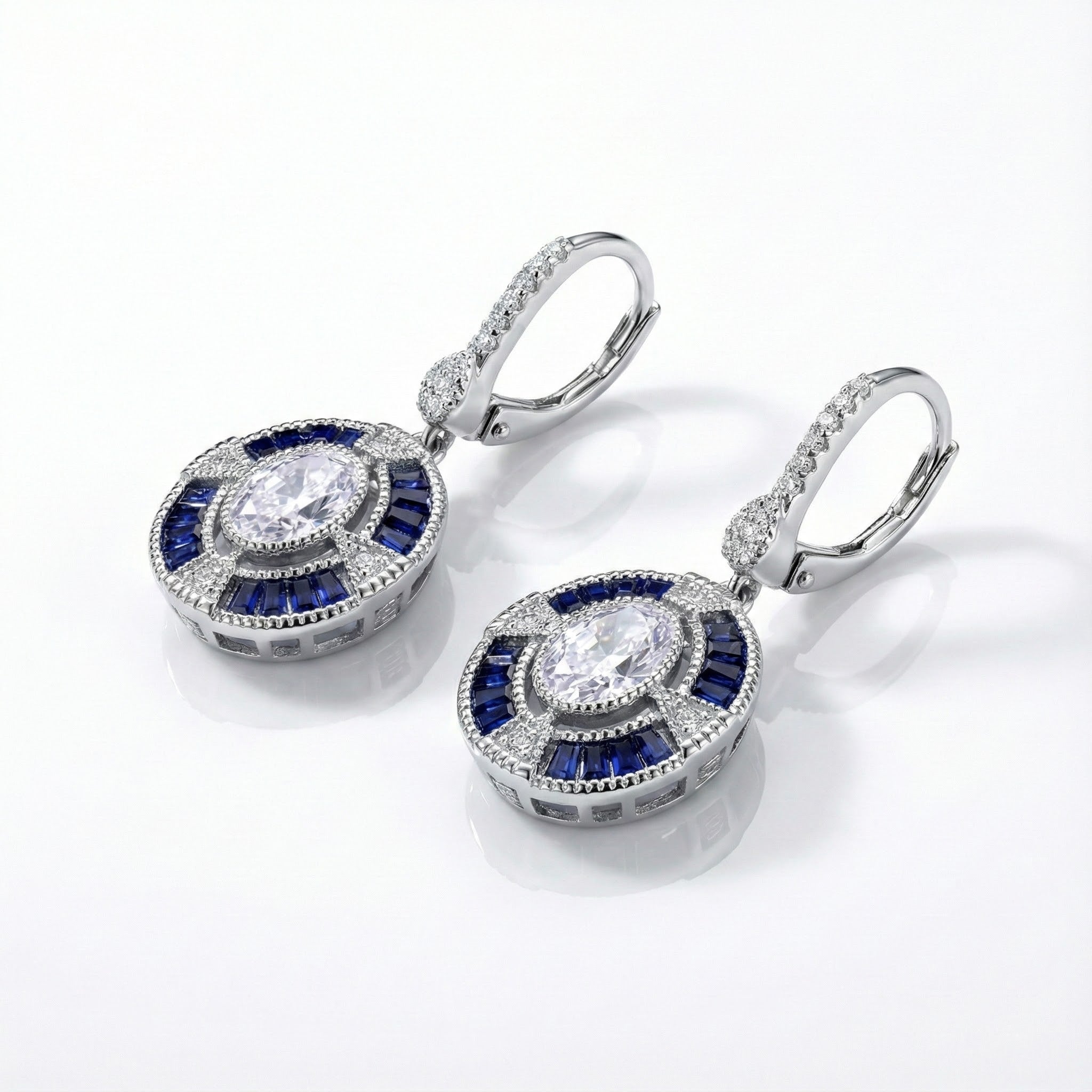 Sapphire & CZ Drop Earrings | Sterling Silver | Oval & Baguette Accents - Brownee Jewelers