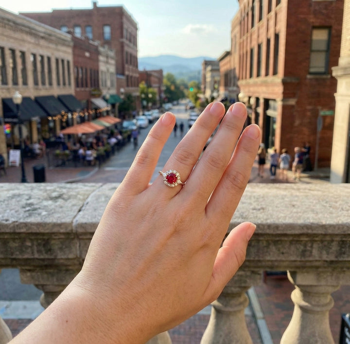 Cushion Ruby & Lab-Grown Diamond Halo Ring | 1.60 ct Ruby | 0.75 ctw Diamonds | 10K Yellow Gold - Brownee Jewelers