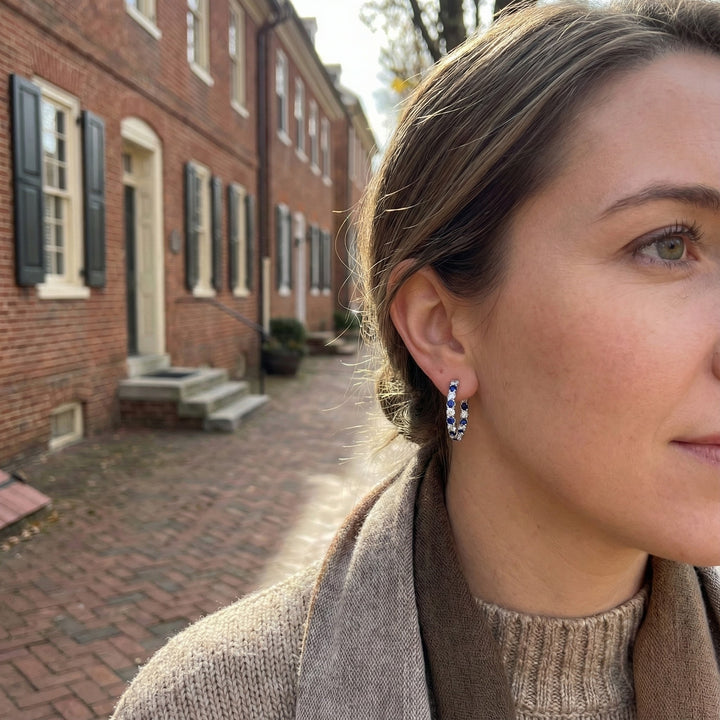 14K White Gold Diamond & Sapphire Hoop Earrings – 1.00 CTW