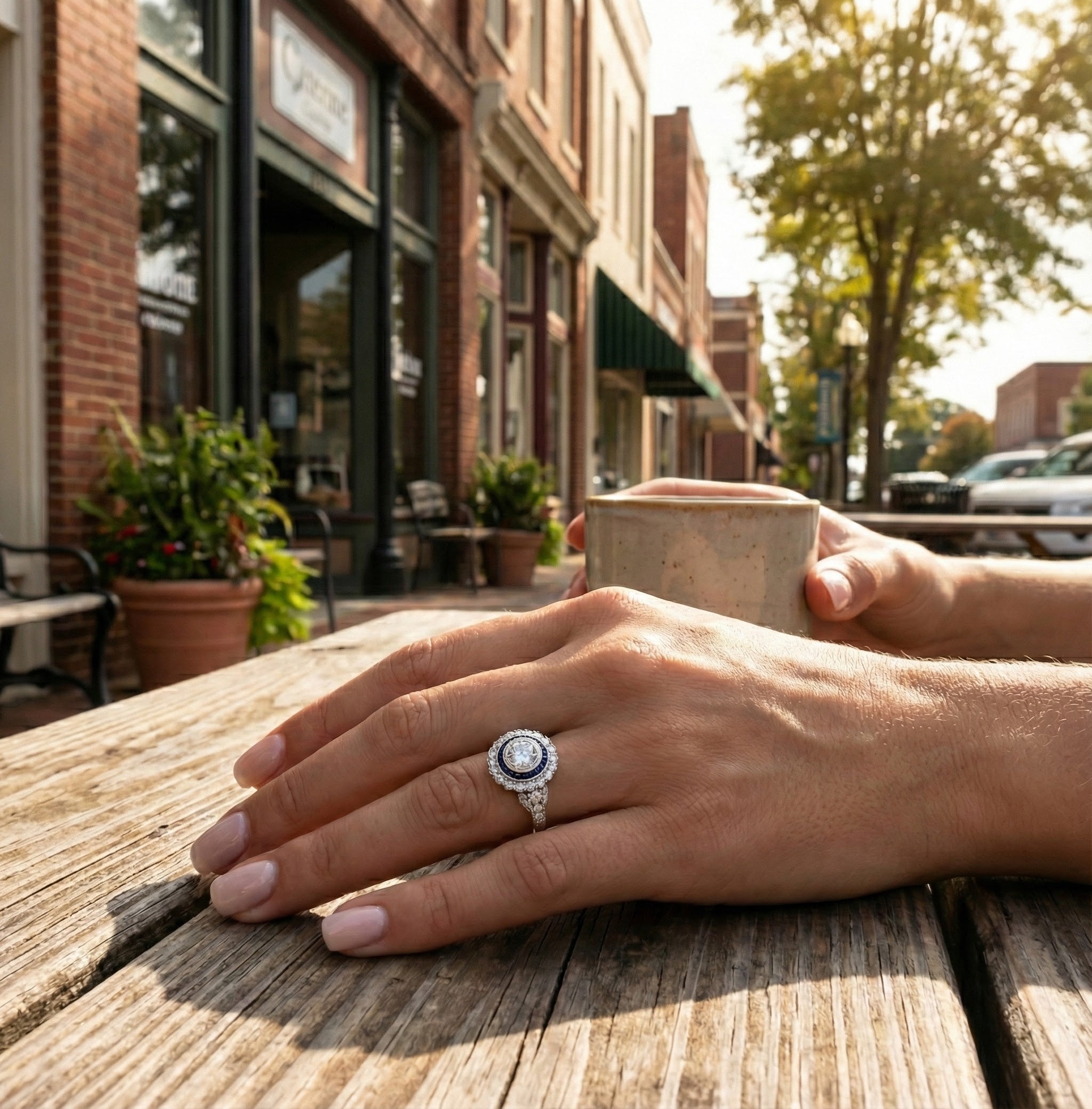 Round CZ Ring with Sapphire Halo | Sterling Silver | Vintage-Inspired Halo Ring - Brownee Jewelers