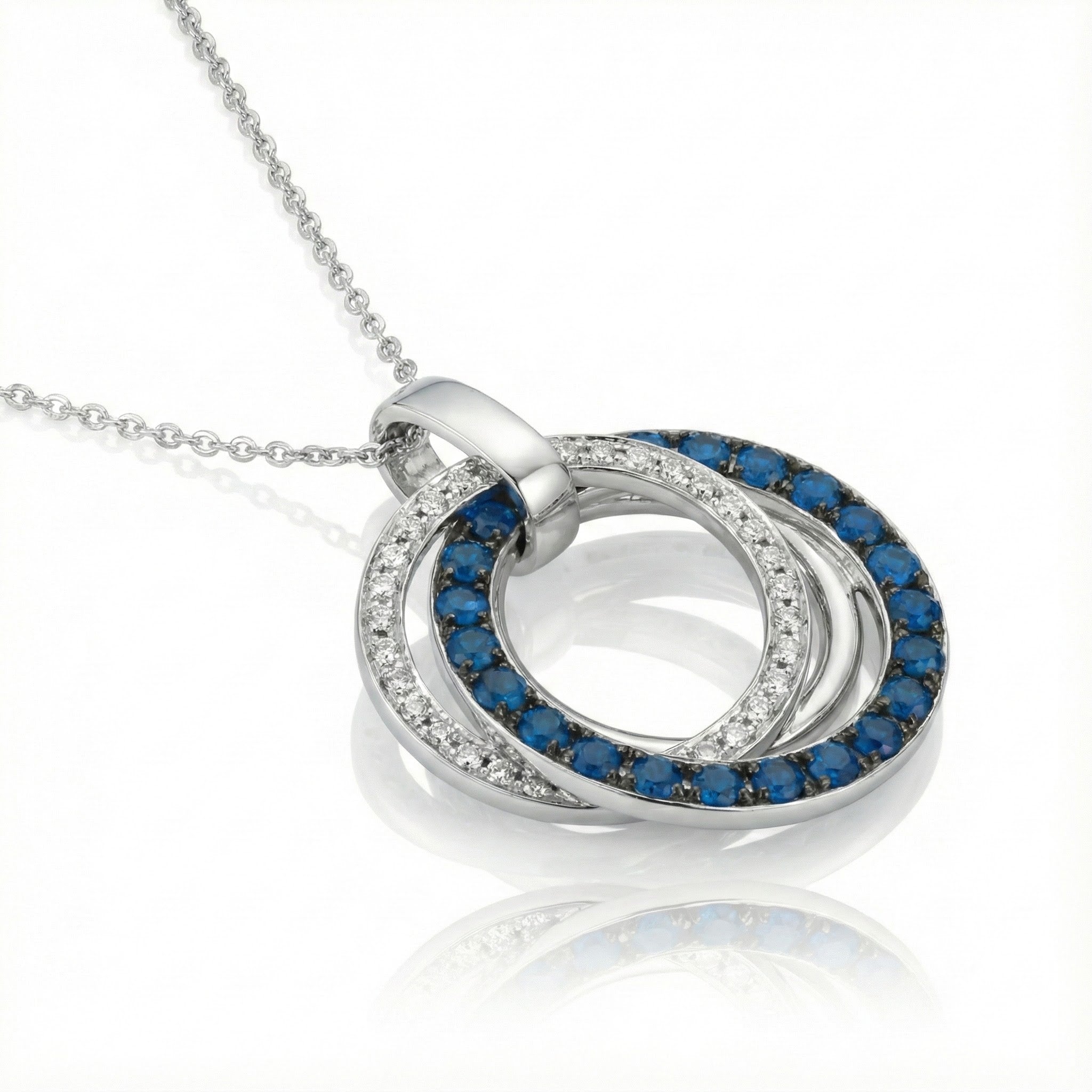 Blue Sapphire & Diamond Interlocking Circle Pendant | 14K White Gold | 0.79 ctw | Double Halo Design - Brownee Jewelers