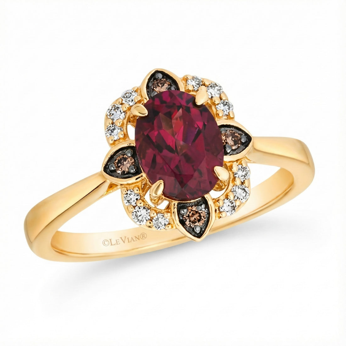 Le Vian® 14K Honey Gold™ Raspberry Rhodolite® Ring with Nude & Chocolate Diamonds® (1.48ctw) This stunning Le Vian® ring features a bold 1 1/3 ct. Raspberry Rhodolite® center—rich, vibrant, and full of luxurious berry-red brilliance