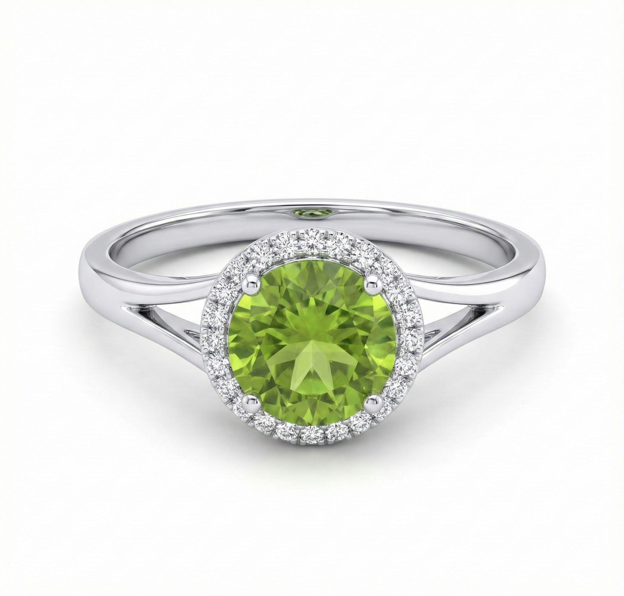 Madison L | Round Peridot Diamond Halo Ring | 14K White Gold | Green Peridot & Diamond Ring - Brownee Jewelers