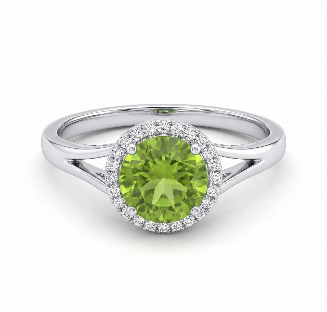 Madison L | Round Peridot Diamond Halo Ring | 14K White Gold | Green Peridot & Diamond Ring - Brownee Jewelers