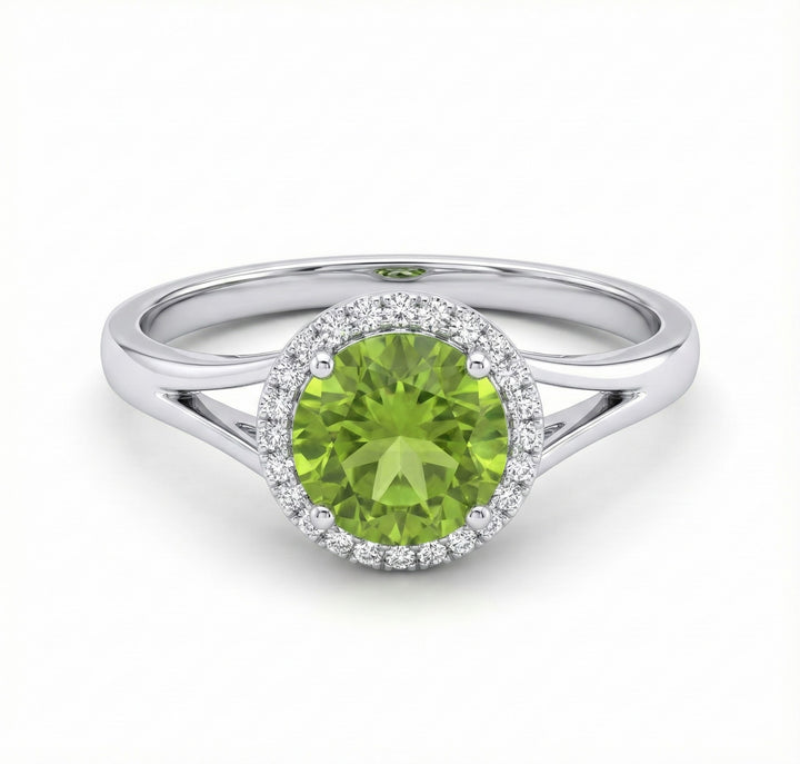 Madison L | Round Peridot Diamond Halo Ring | 14K White Gold | Green Peridot & Diamond Ring - Brownee Jewelers