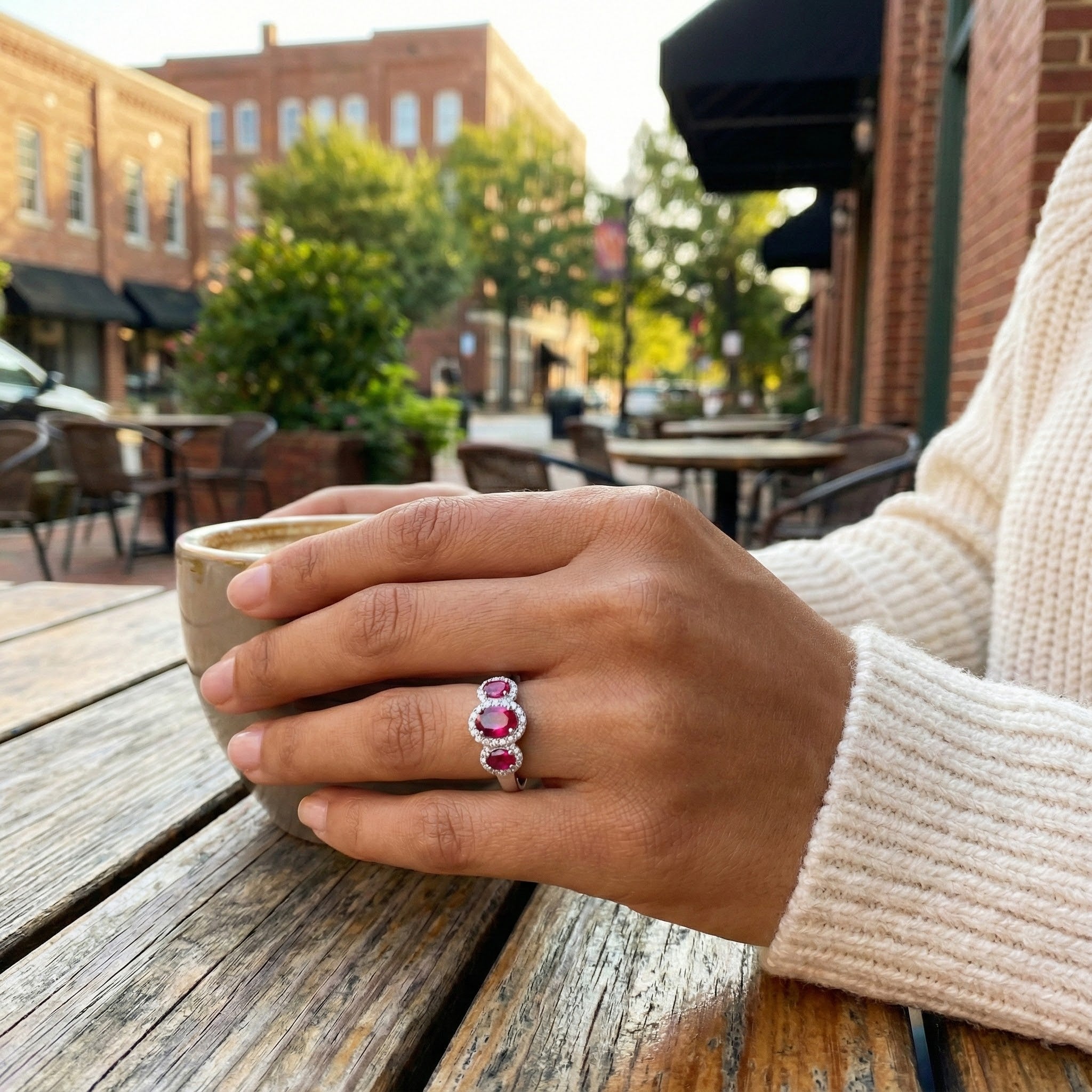 Le Vian® 14K Vanilla Gold® Passion Ruby® & Vanilla Diamond® Ring (1.05ctw) This stunning Le Vian® three-stone ring showcases 7/8 cts. of vivid Passion Ruby® gemstones wrapped in shimmering 1/5 cts
