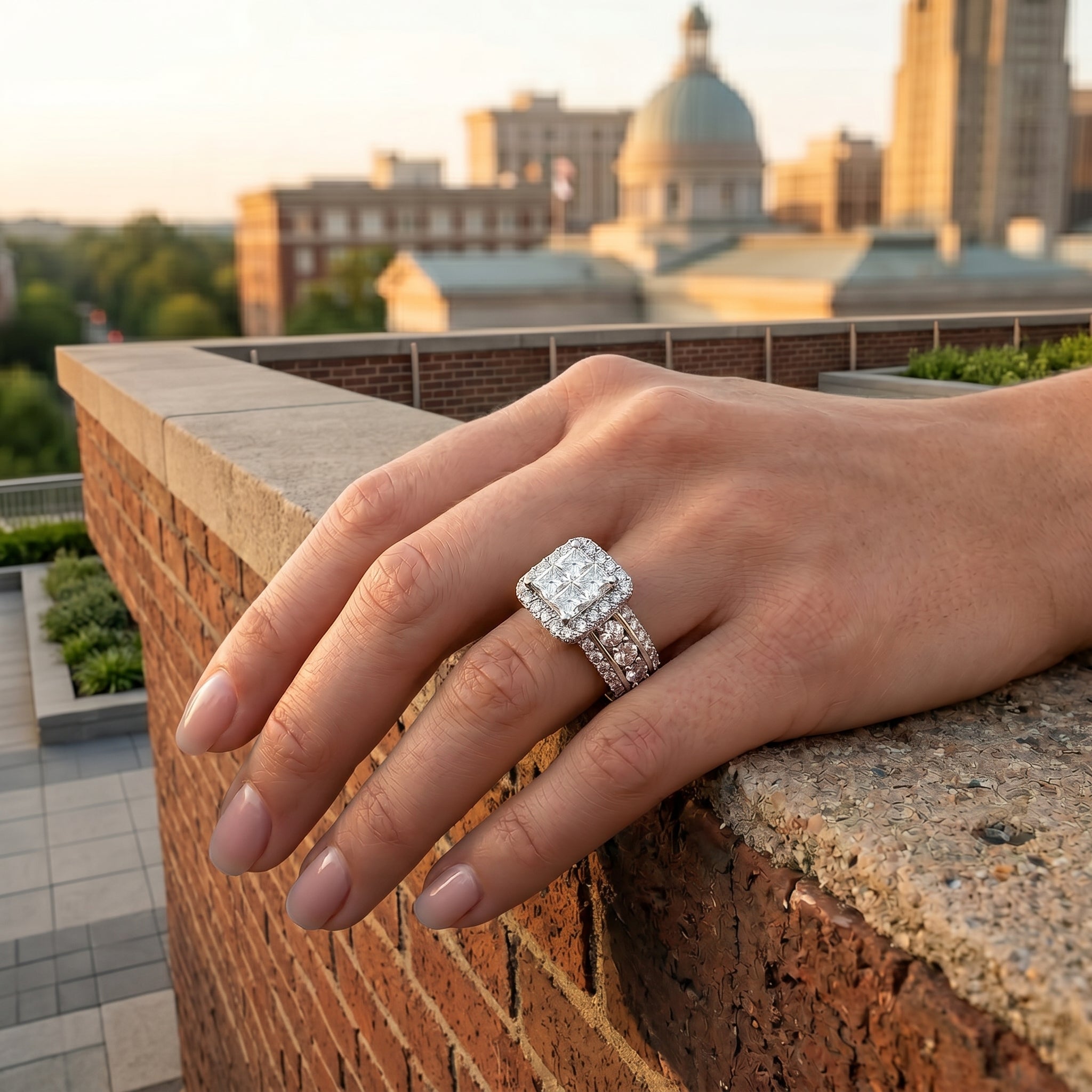 Princess-Cut Diamond Halo Ring | 14K White Gold | Princess-Cut Diamond Cluster Center | Round Diamond Halo | Pavé Diamond Band - Brownee Jewelers