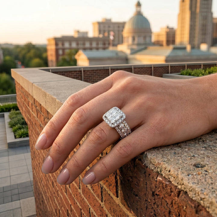 Princess-Cut Diamond Halo Ring | 14K White Gold | Princess-Cut Diamond Cluster Center | Round Diamond Halo | Pavé Diamond Band - Brownee Jewelers