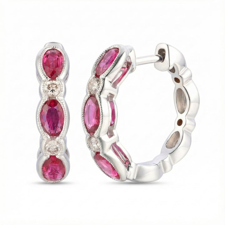 Le Vian® 14K Vanilla Gold® Passion Ruby® & Vanilla Diamond® Hoop Earrings These stunning Le Vian® hoops showcase 1 1/2 cts. of Passion Ruby® in a beautiful alternating pattern of oval and marquise shapes, radiating rich, vibrant pink-red color