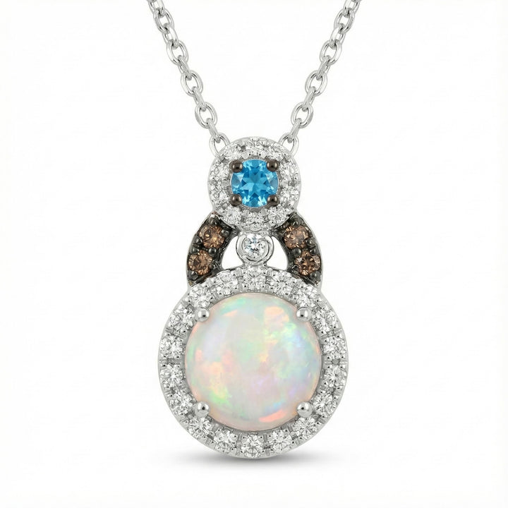 Le Vian Chocolatier® 14K Vanilla Gold® Pendant with Neopolitan Opal®, Deep Sea Blue Topaz™, Chocolate Diamonds® & Vanilla Diamonds® Soft iridescence meets vibrant color in this captivating Le Vian Chocolatier® pendant