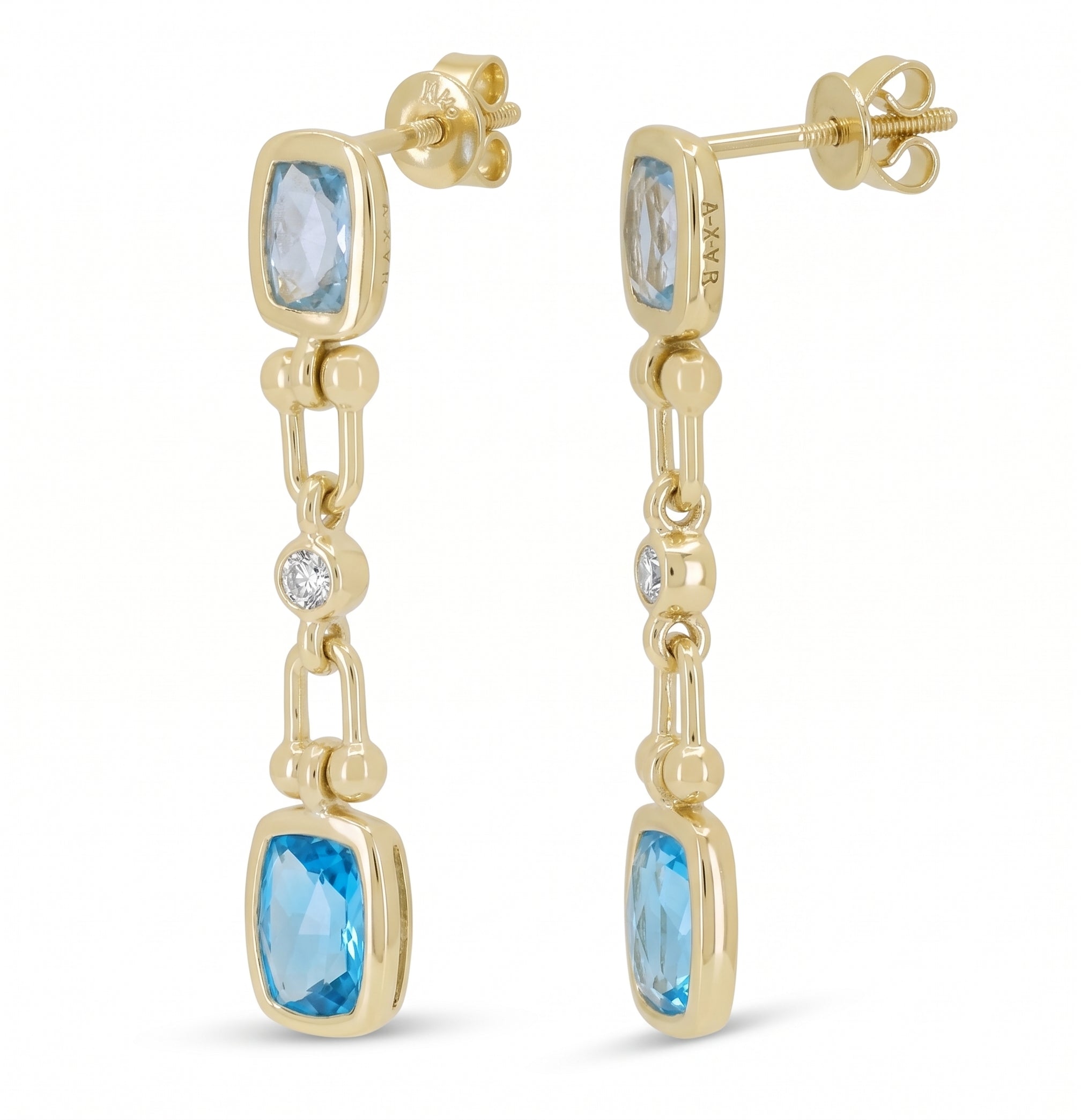 YELLOW GOLD BLUE TOPAZ AND DIAMOND DROP EARRINGS 
