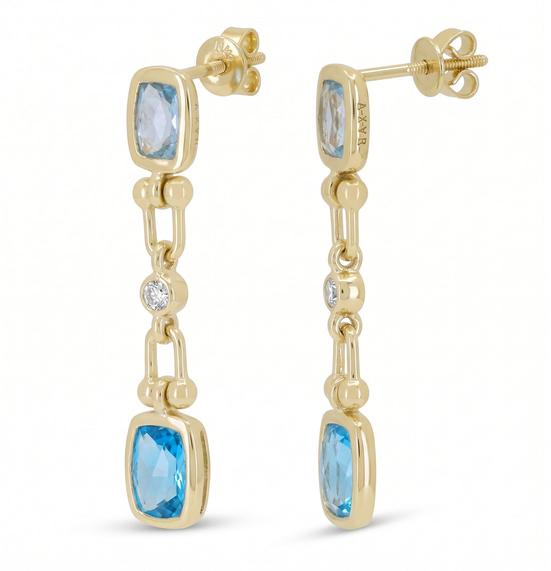 YELLOW GOLD BLUE TOPAZ AND DIAMOND DROP EARRINGS 