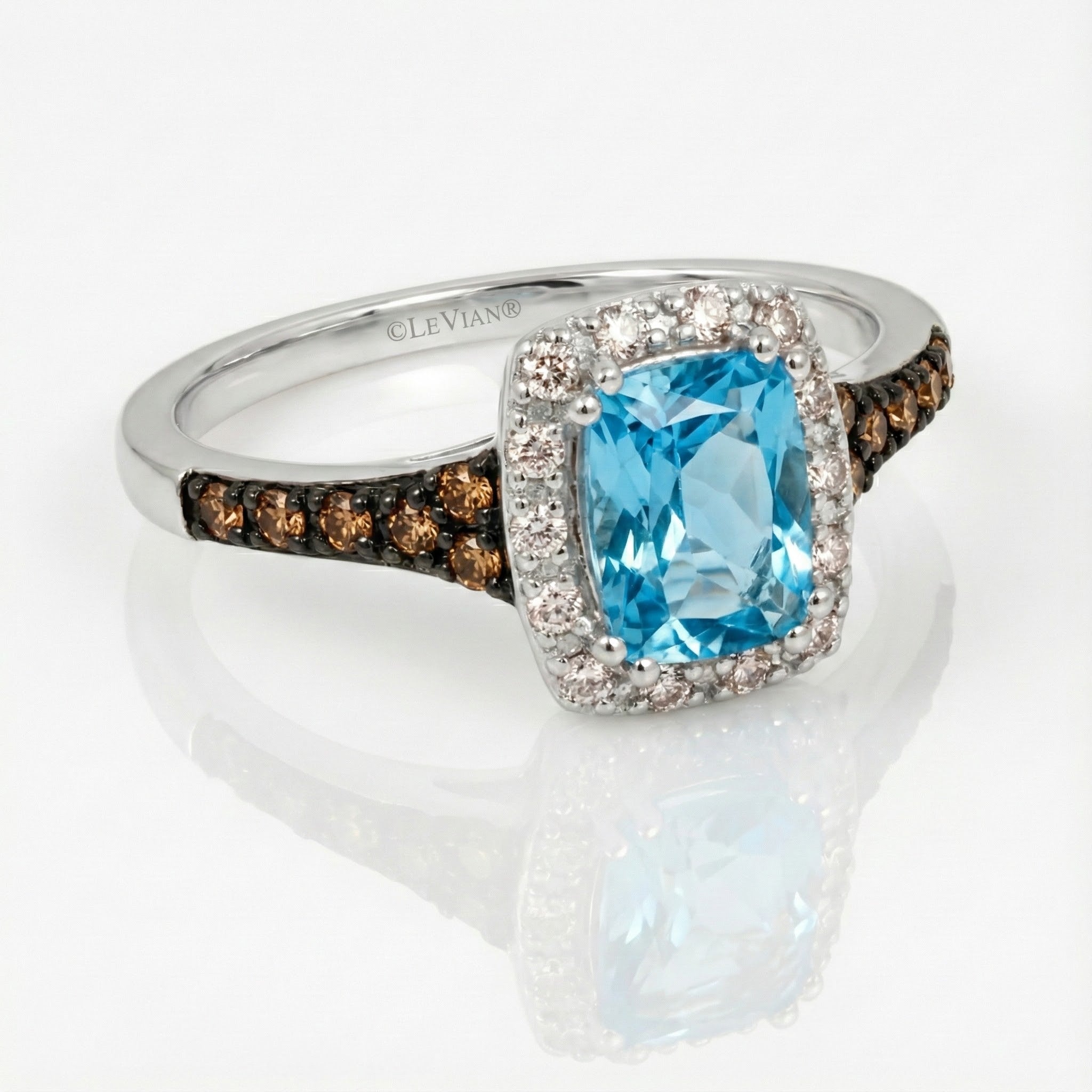 Cushion Aquamarine & Diamond Halo Ring | 14K White Gold | Chocolate Diamond Accents - Brownee Jewelers