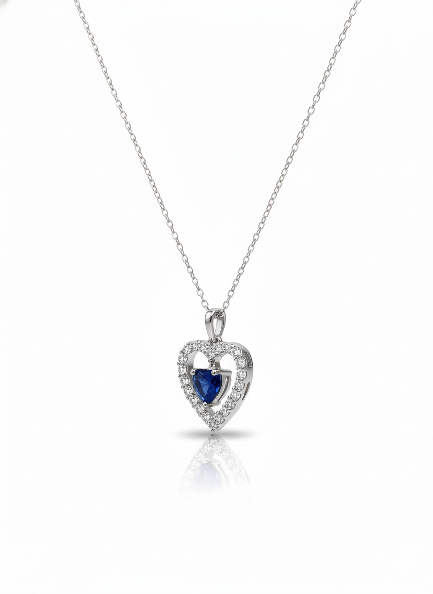 Sterling Silver Heart Pendant with White & Blue Lab-Created Sapphires