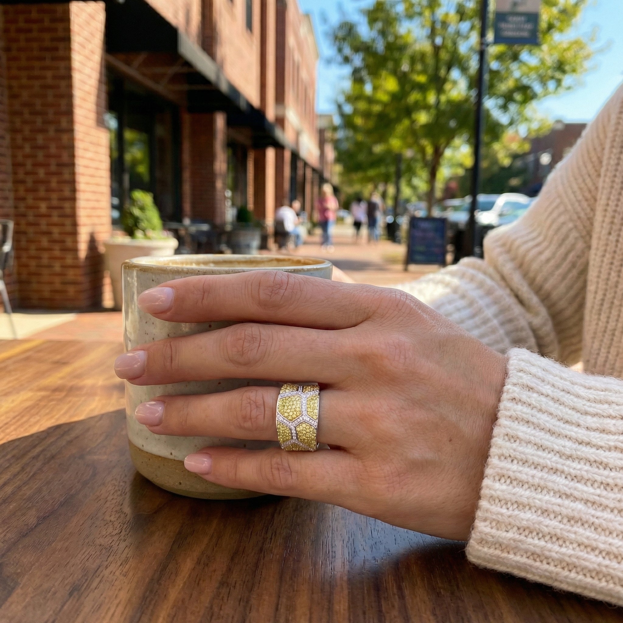 Yellow & White Diamond Ring | 0.75 ctw | 18K White Gold | Geometric Pavé Band - Brownee Jewelers