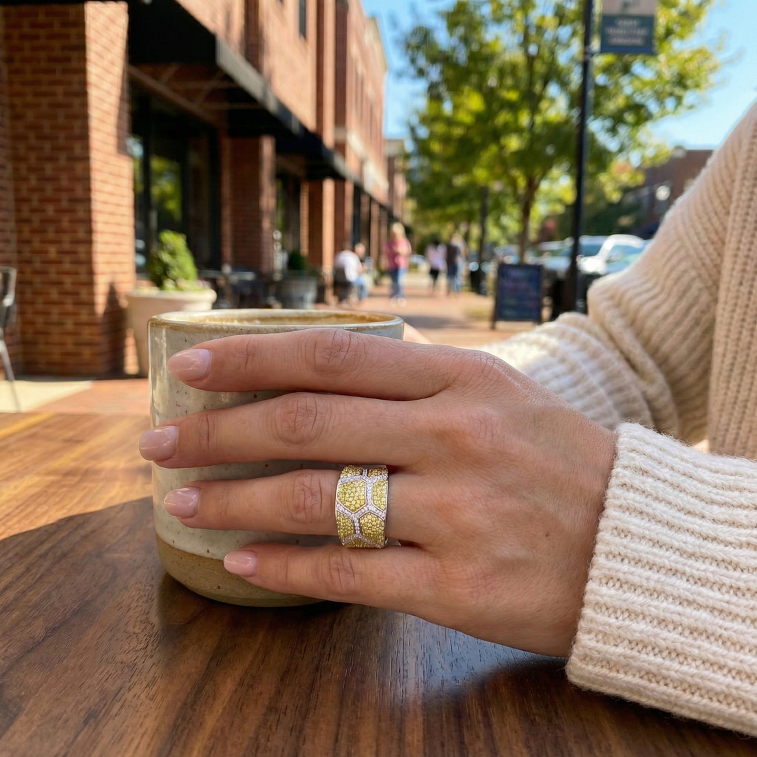 Yellow & White Diamond Ring | 0.75 ctw | 18K White Gold | Geometric Pavé Band - Brownee Jewelers