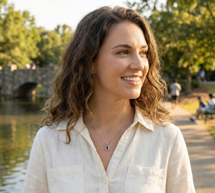 Amethyst & Diamond Halo Pendant, 0.07 ctw | 10K White Gold | 5×3 mm | - Brownee Jewelers