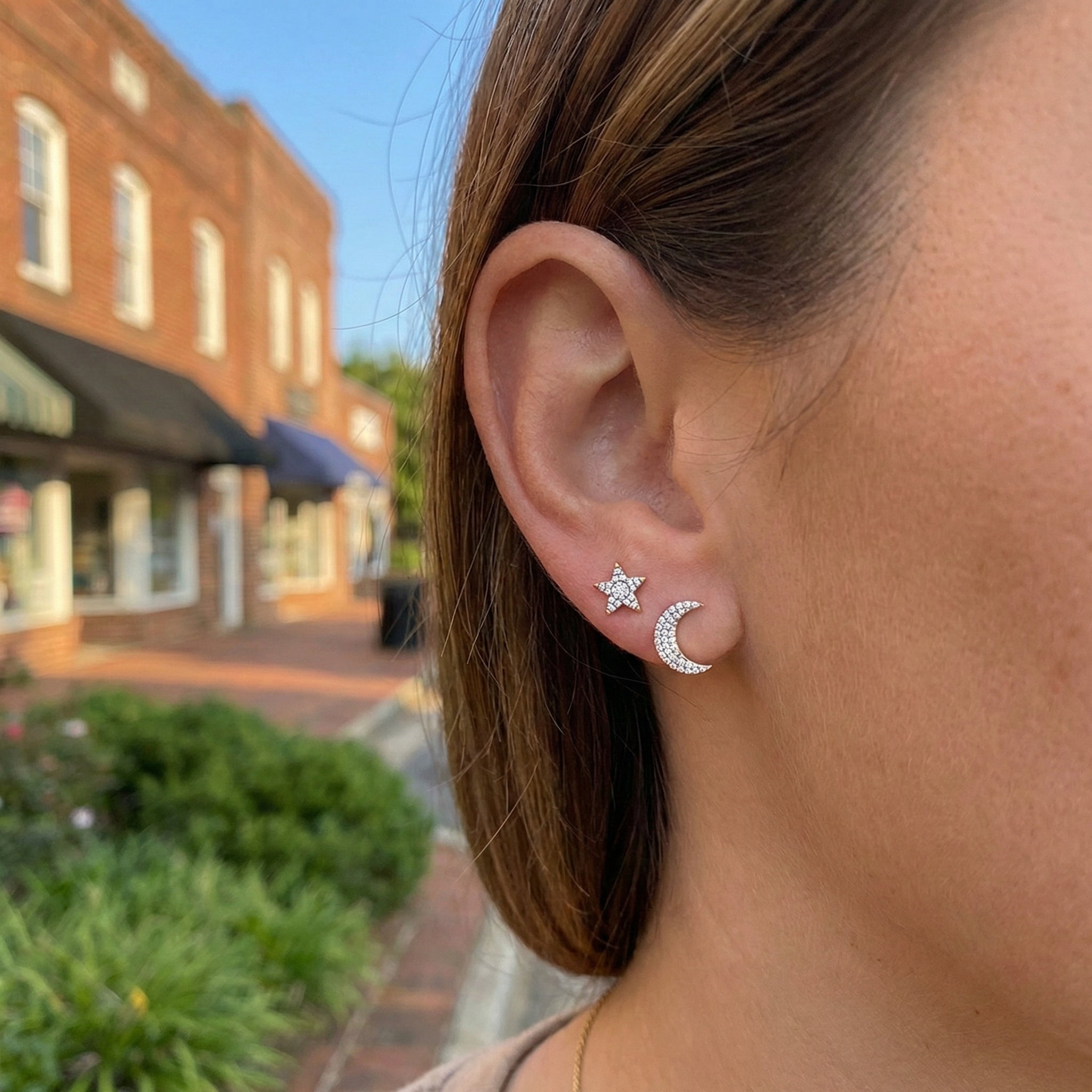 Mini Moons Stud Earrings | Gold Plated / Sterling Silver | Pavé Crescent Stud Earrings - Brownee Jewelers