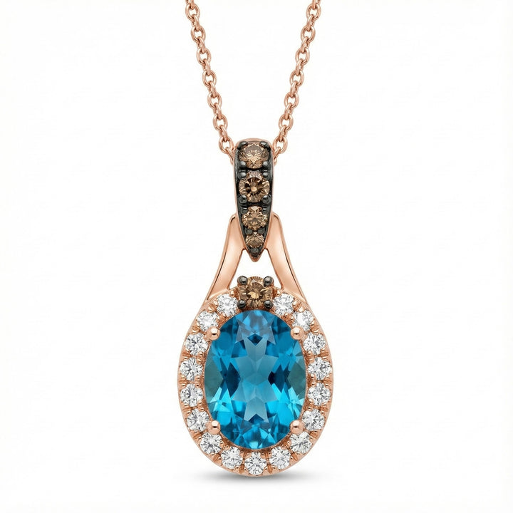Le Vian Chocolatier® 14K Strawberry Gold® Pendant with Deep Sea Blue Topaz™, Chocolate Diamonds® & Vanilla Diamonds® Vibrant color meets rich contrast in this striking Le Vian Chocolatier® pendant