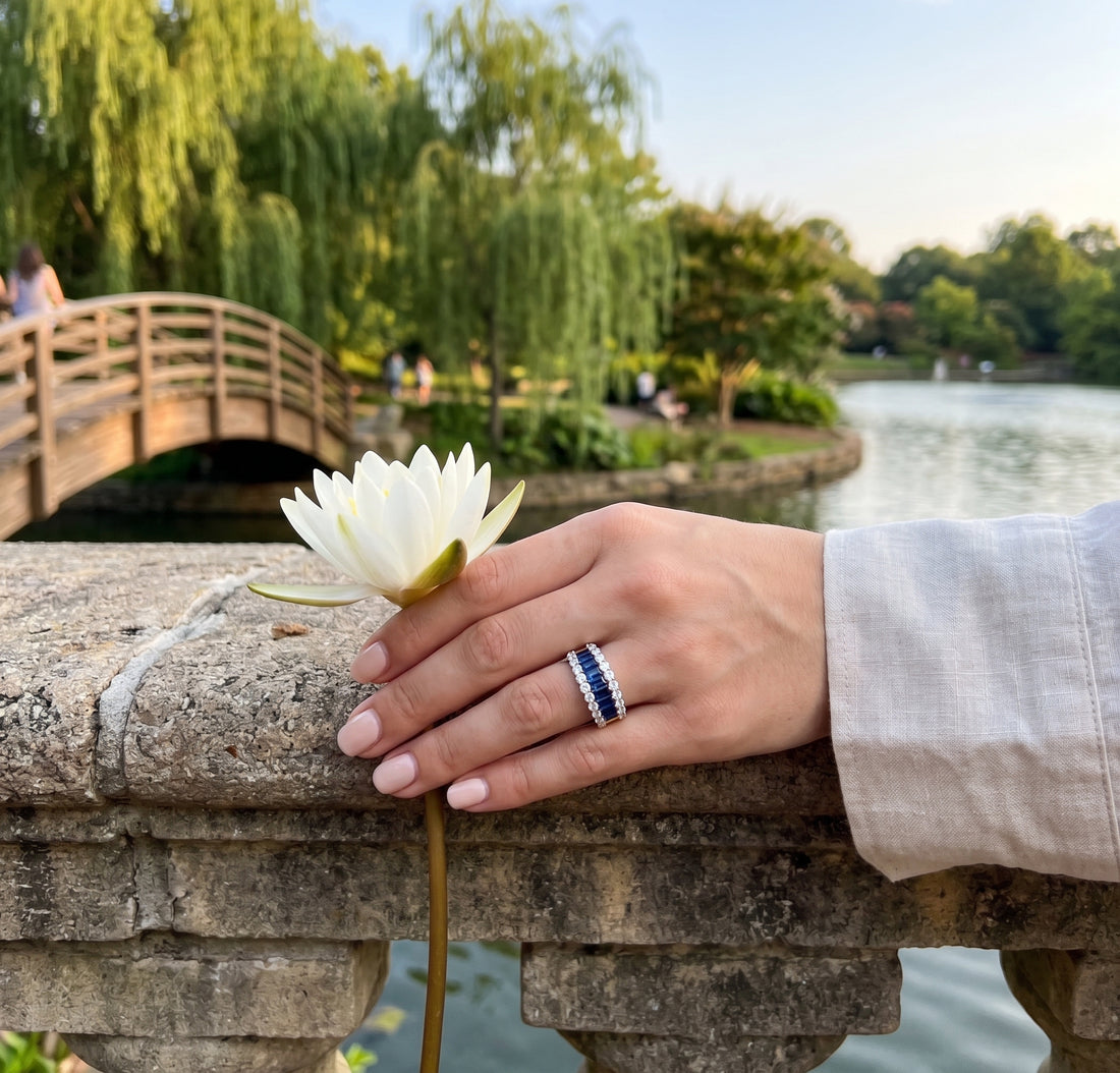 Blue Sapphire & Diamond Wide Band Ring