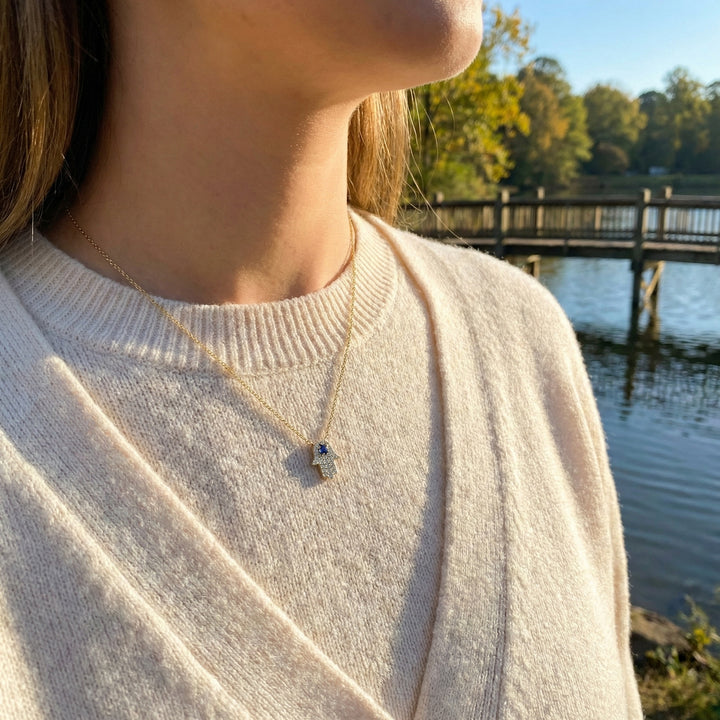 Diamond & Blue Sapphire Hamsa Necklace | 14K Yellow Gold | 0.09 ctw Diamond | Symbolic Pendant Necklace - Brownee Jewelers