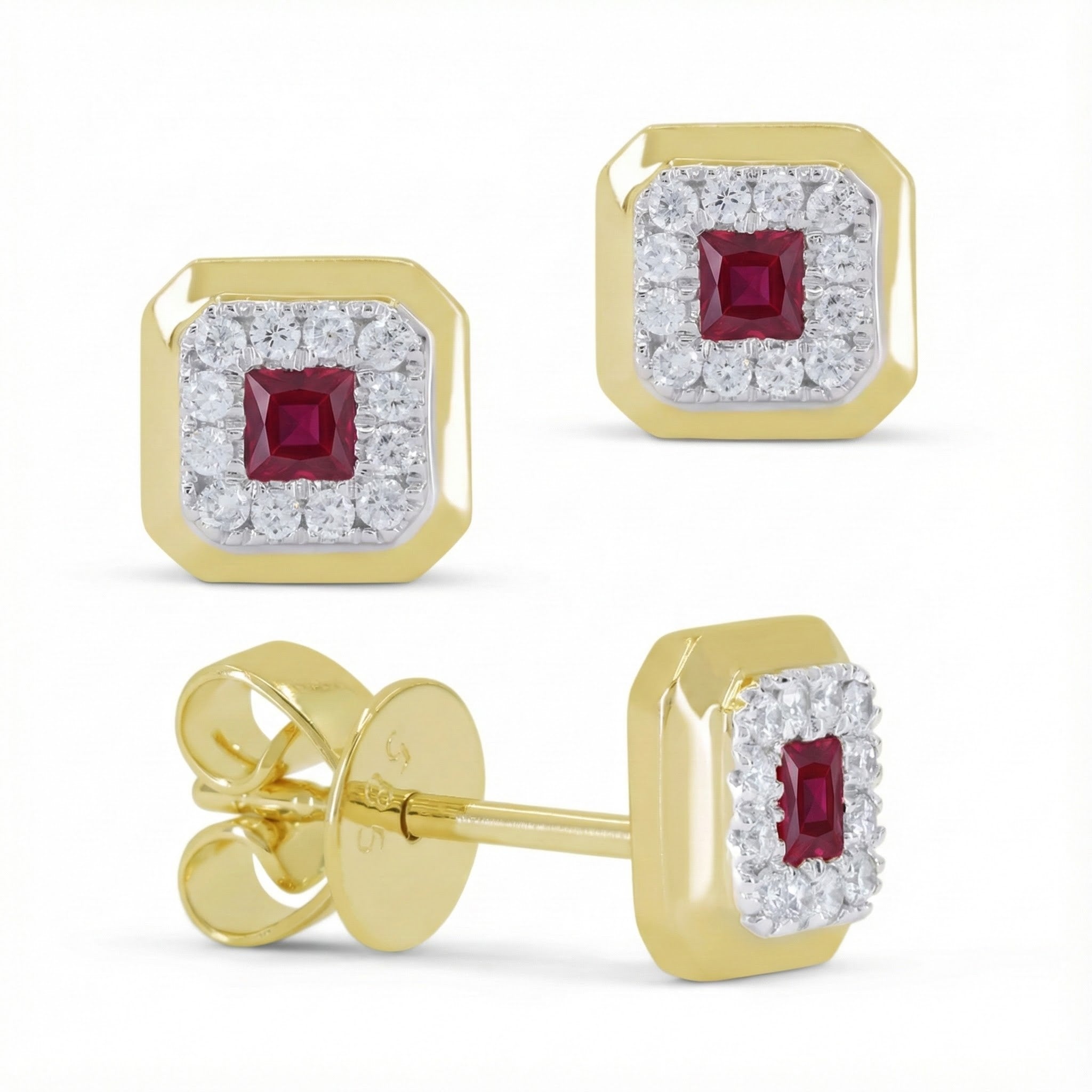 Madison L | Square Ruby & Diamond Halo Stud Earrings | 14K Yellow Gold | Princess-Cut Ruby | Diamond Accents - Brownee Jewelers