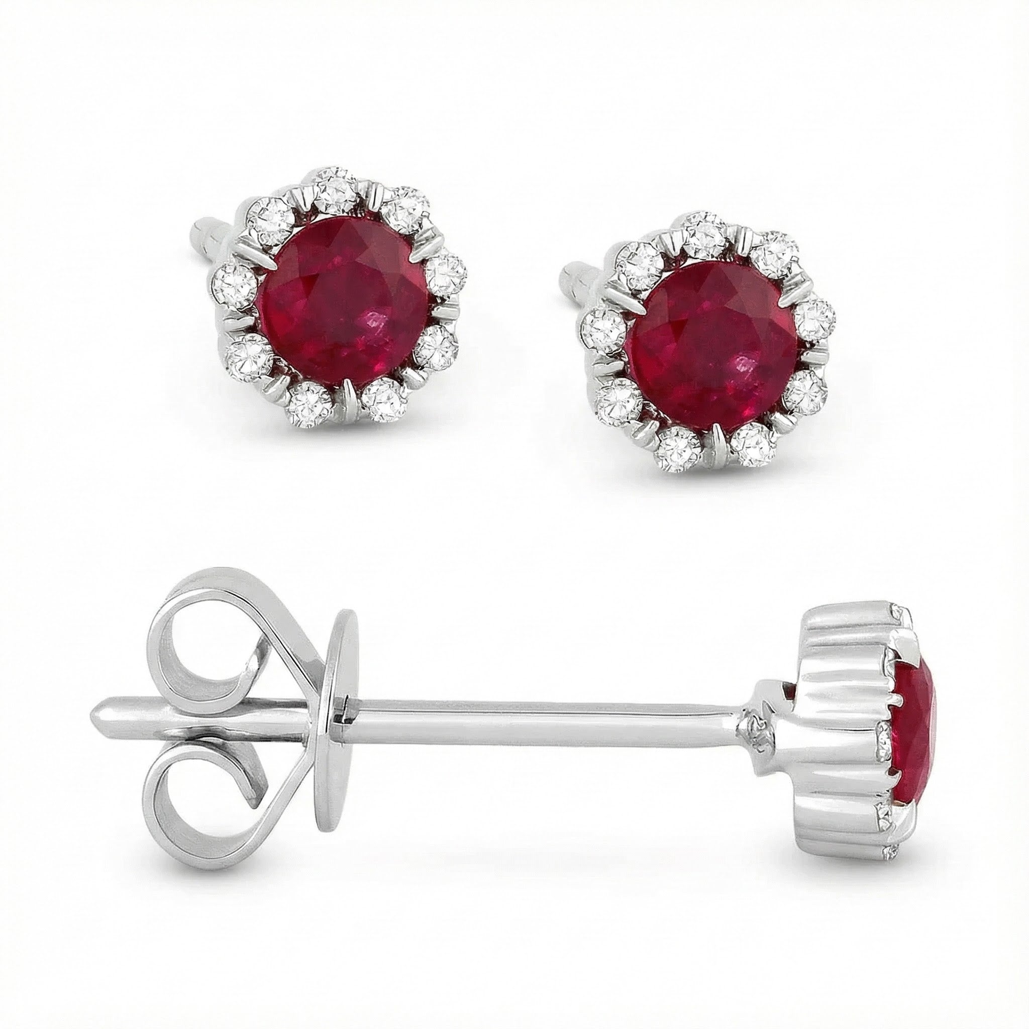Madison L | Ruby & Diamond Halo Stud Earrings | 14K White Gold | Round Ruby | Diamond Accents - Brownee Jewelers