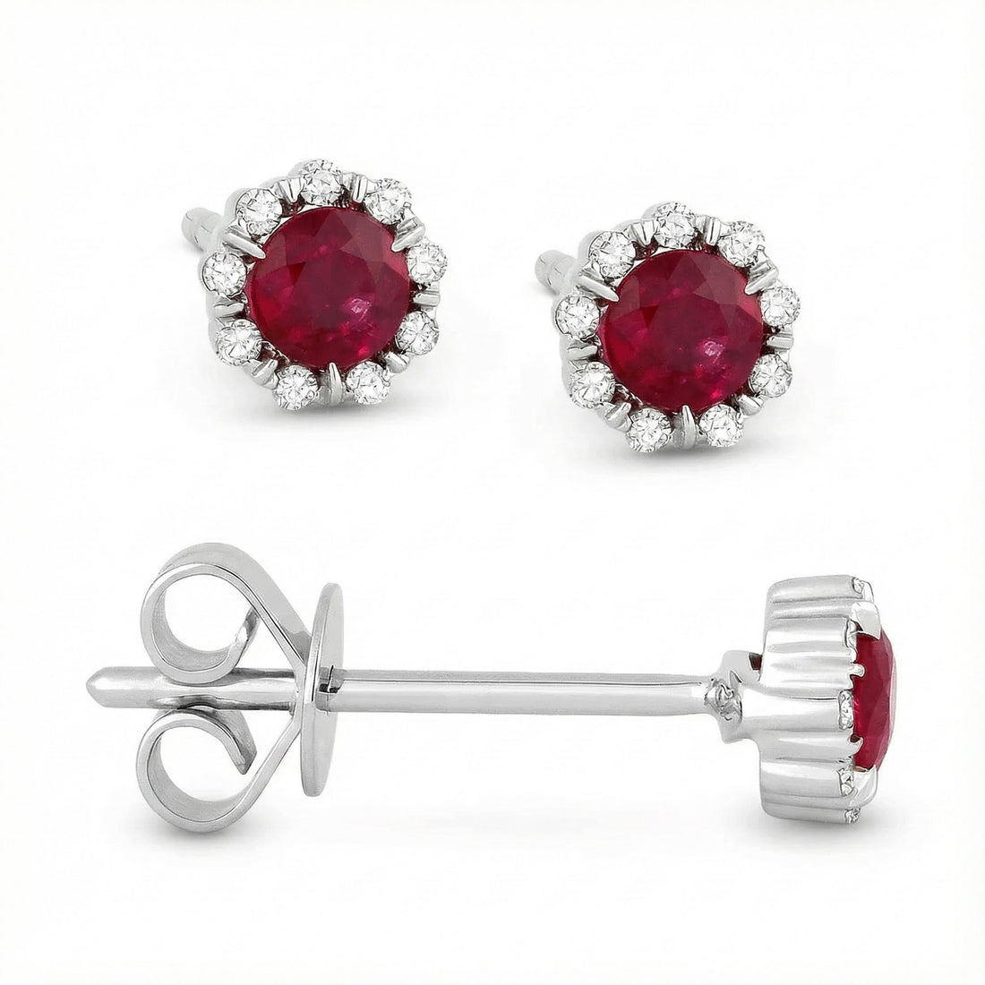 Madison L | Ruby & Diamond Halo Stud Earrings | 14K White Gold | Round Ruby | Diamond Accents - Brownee Jewelers