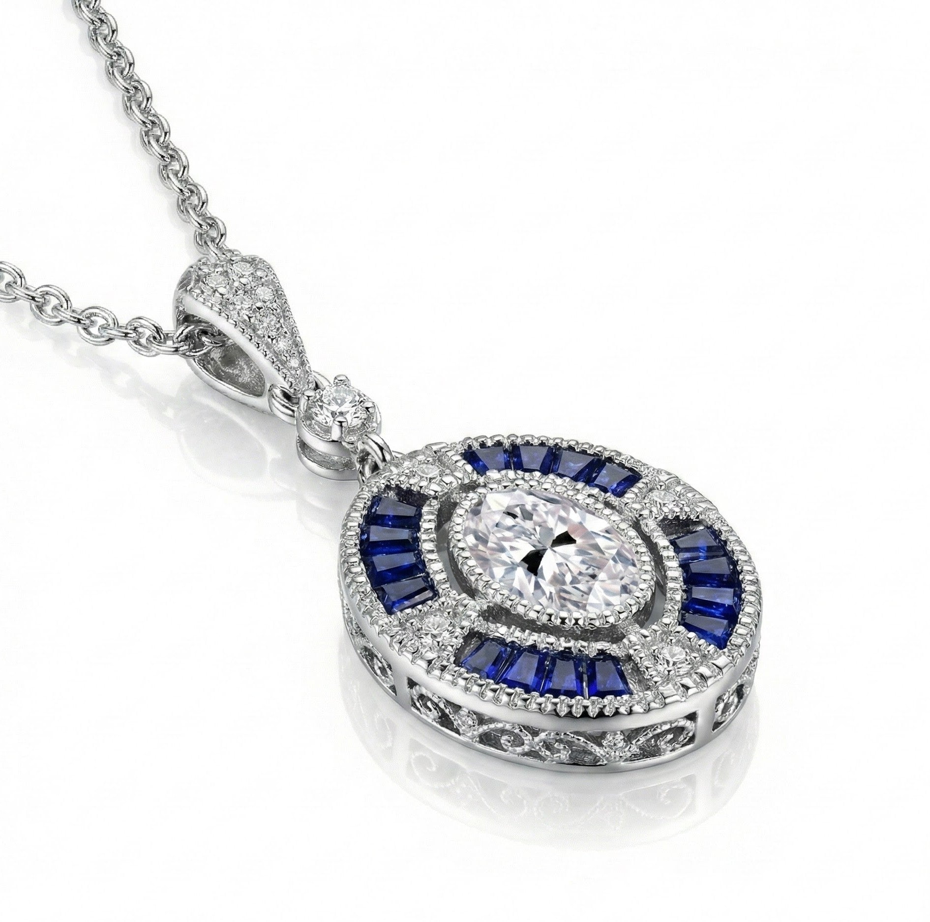 Oval CZ & Lab-Created Sapphire Halo Pendant | Sterling Silver - Brownee Jewelers